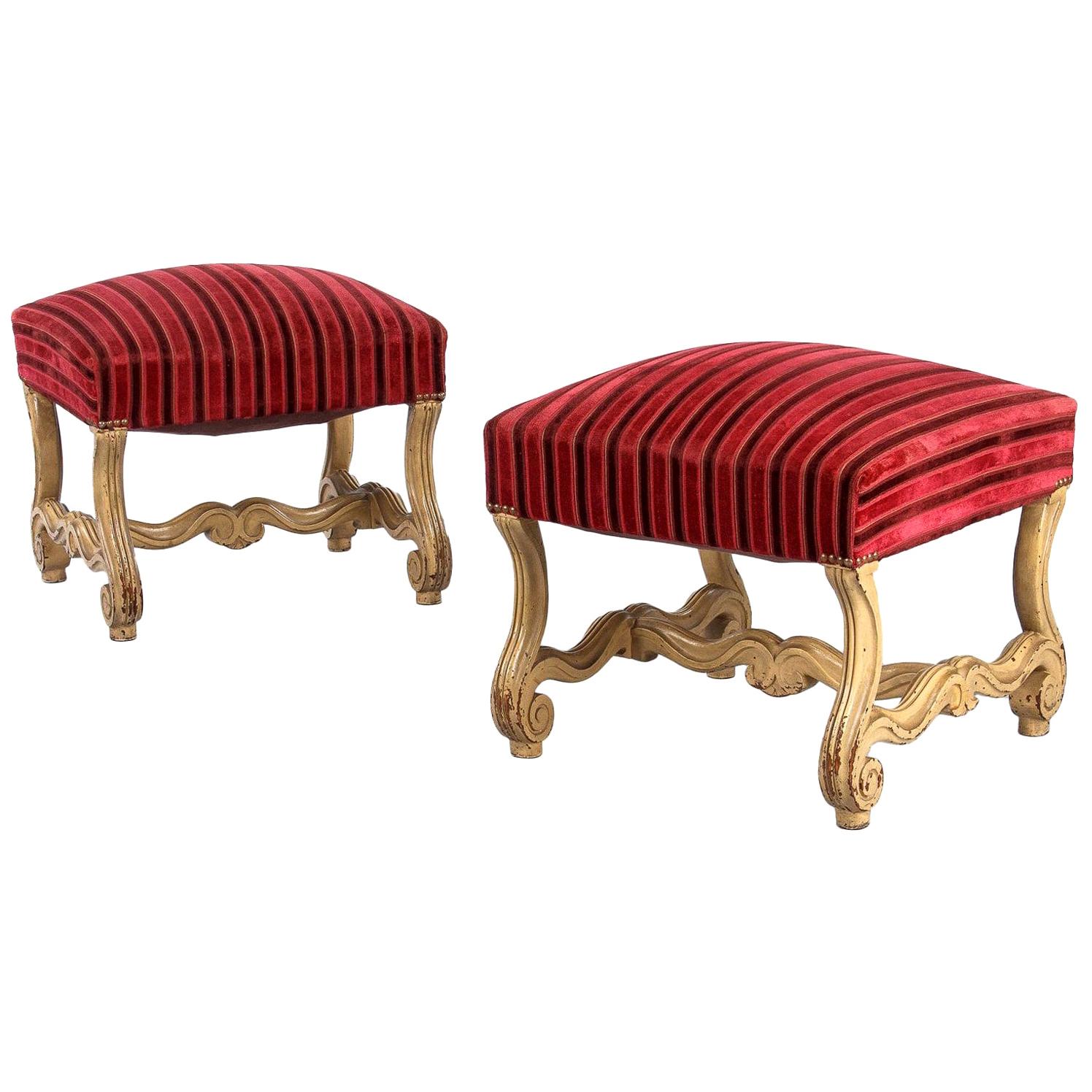 Pair of French Louis XIV Style Painted Upholstered Ottomans, Early 1900s