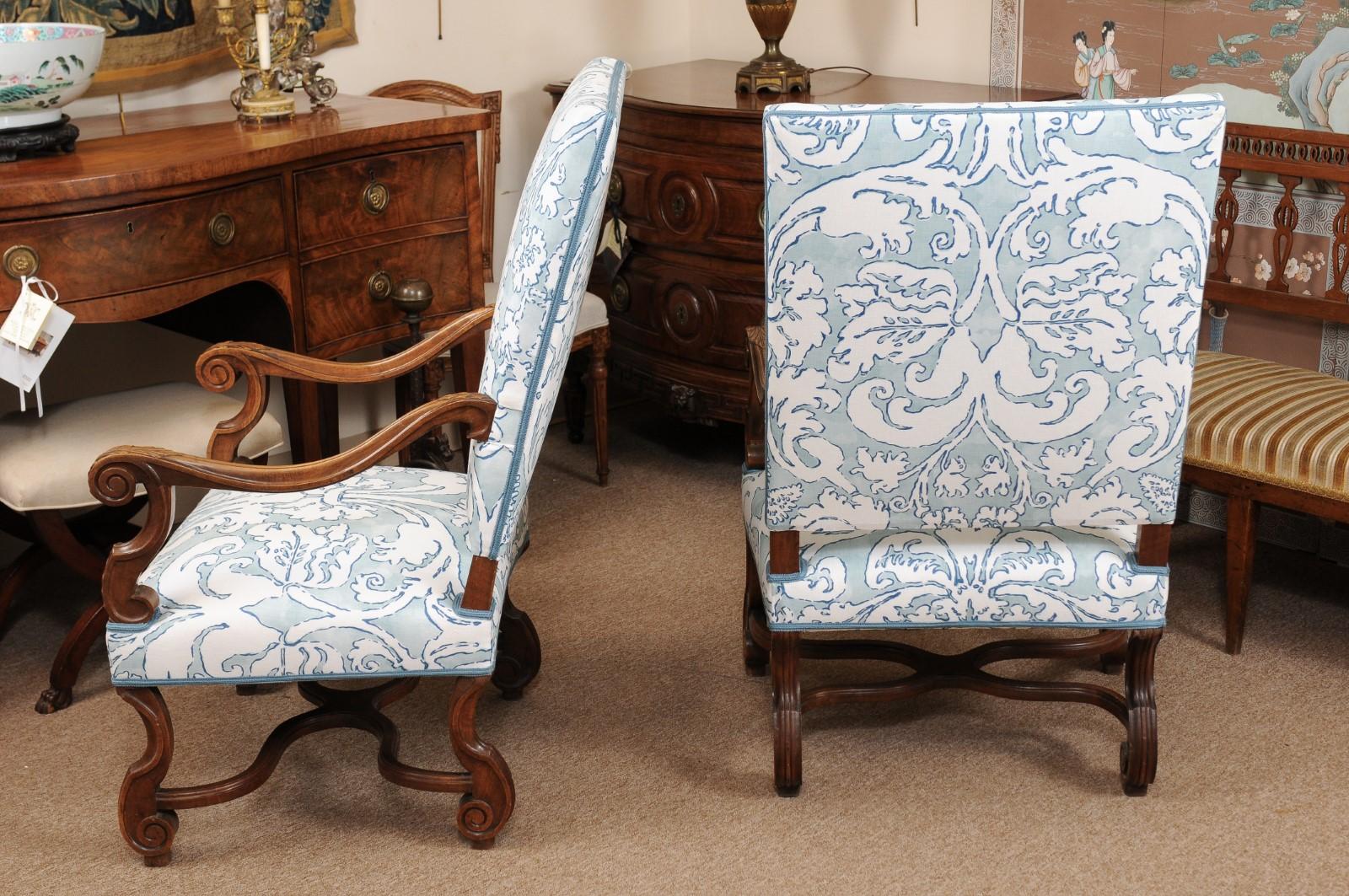Linen Pair of  French Louis XIV Style Walnut Armchairs, Late 19th Century