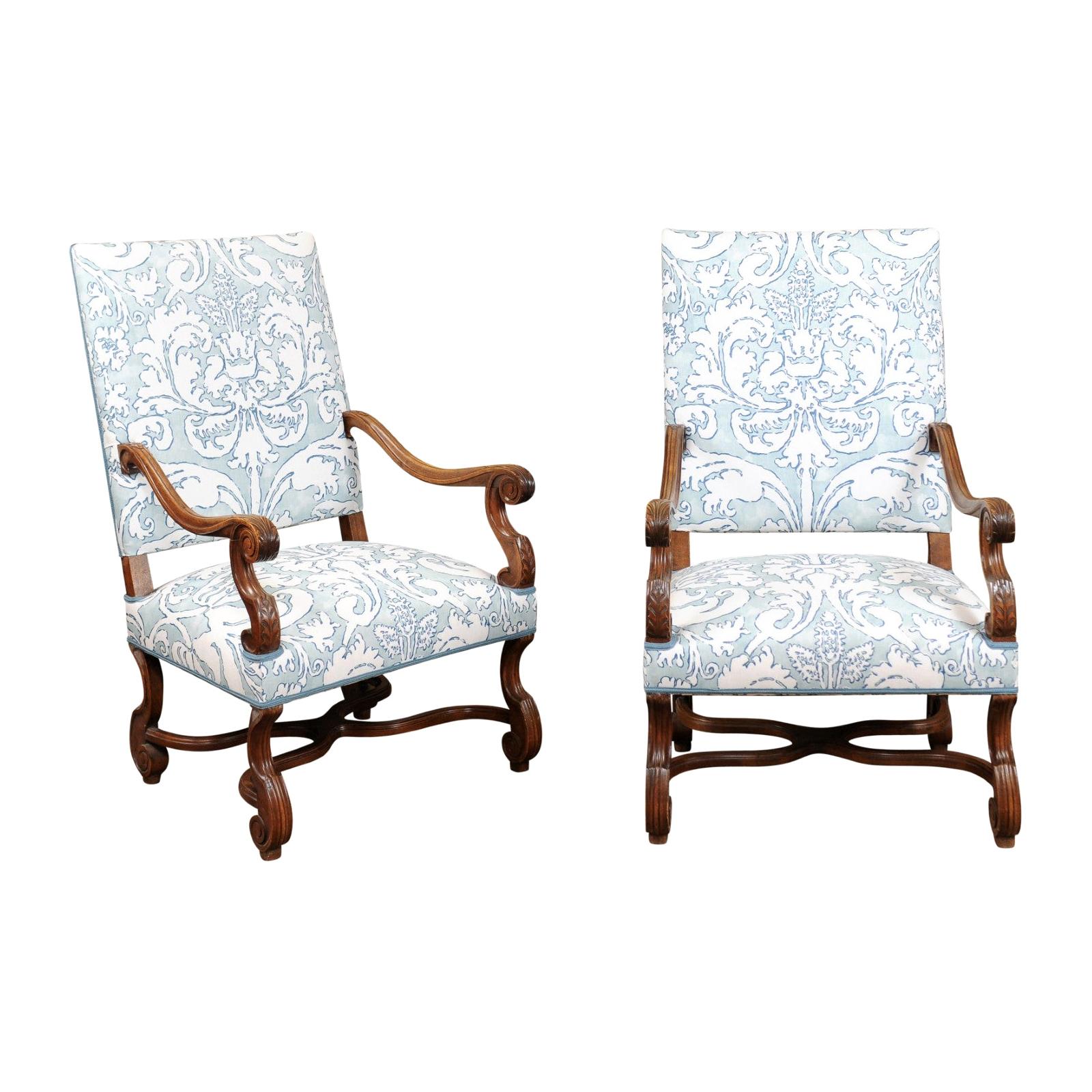 Pair of  French Louis XIV Style Walnut Armchairs, Late 19th Century
