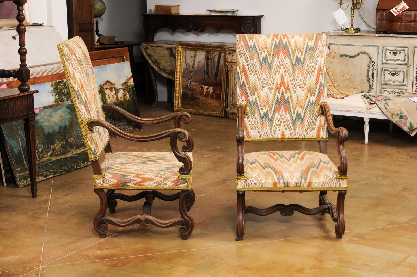 Upholstery Pair of French Louis XIV Style Walnut Armchairs with Os de Mouton Bases