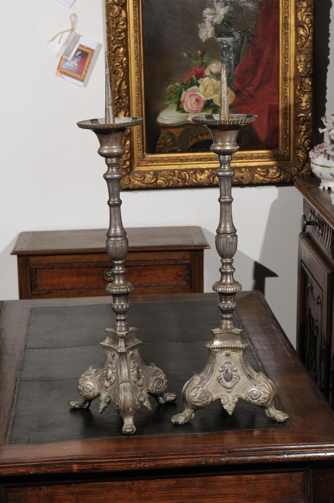 Pair of French Louis XV 18th Century Silvered Bronze Candlestick with Paw Feet For Sale 6