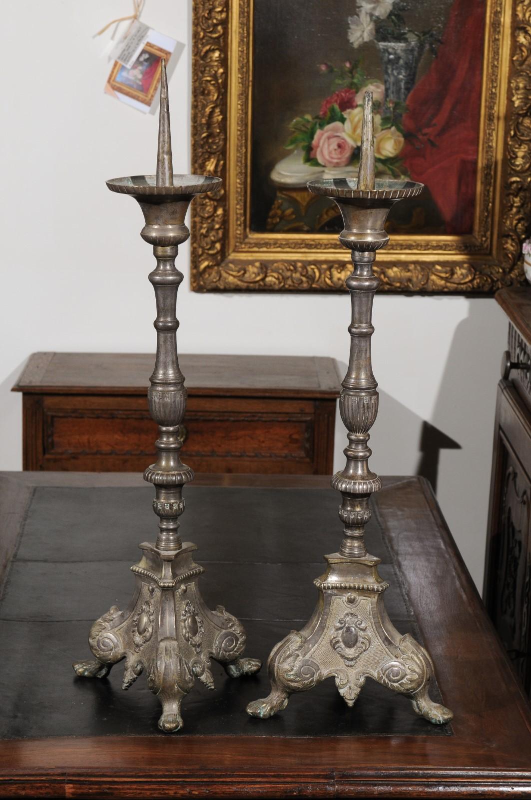Pair of French Louis XV 18th Century Silvered Bronze Candlestick with Paw Feet For Sale 7