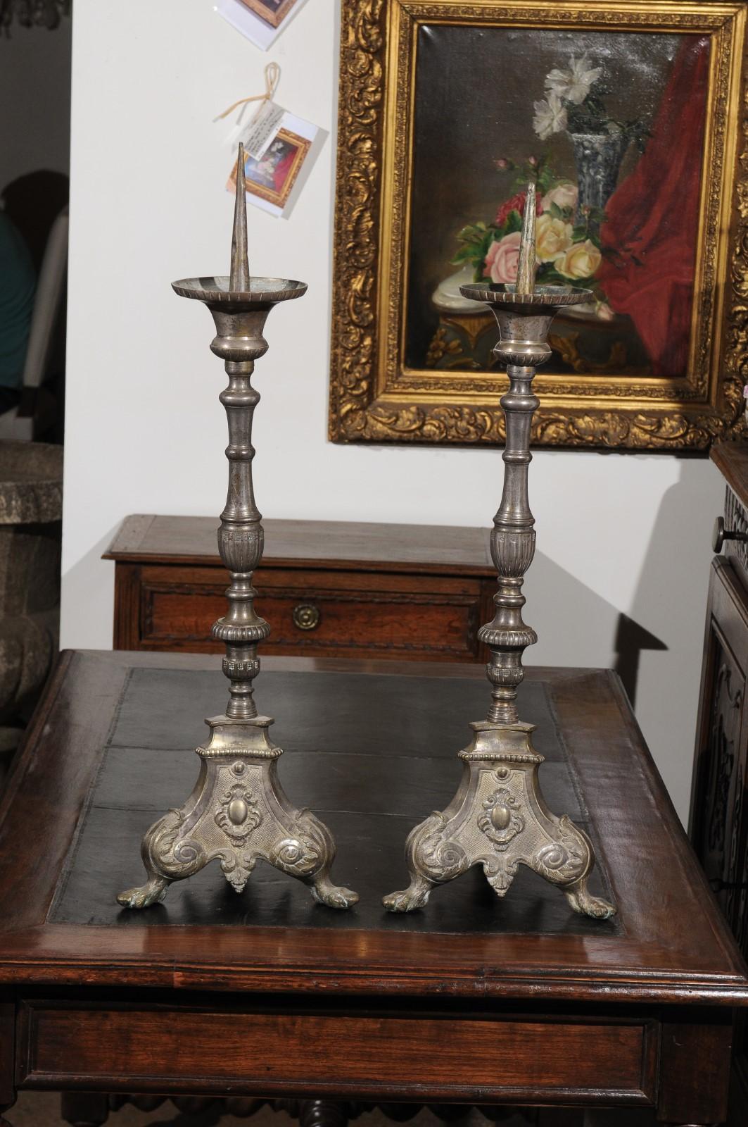 18th Century and Earlier Pair of French Louis XV 18th Century Silvered Bronze Candlestick with Paw Feet For Sale