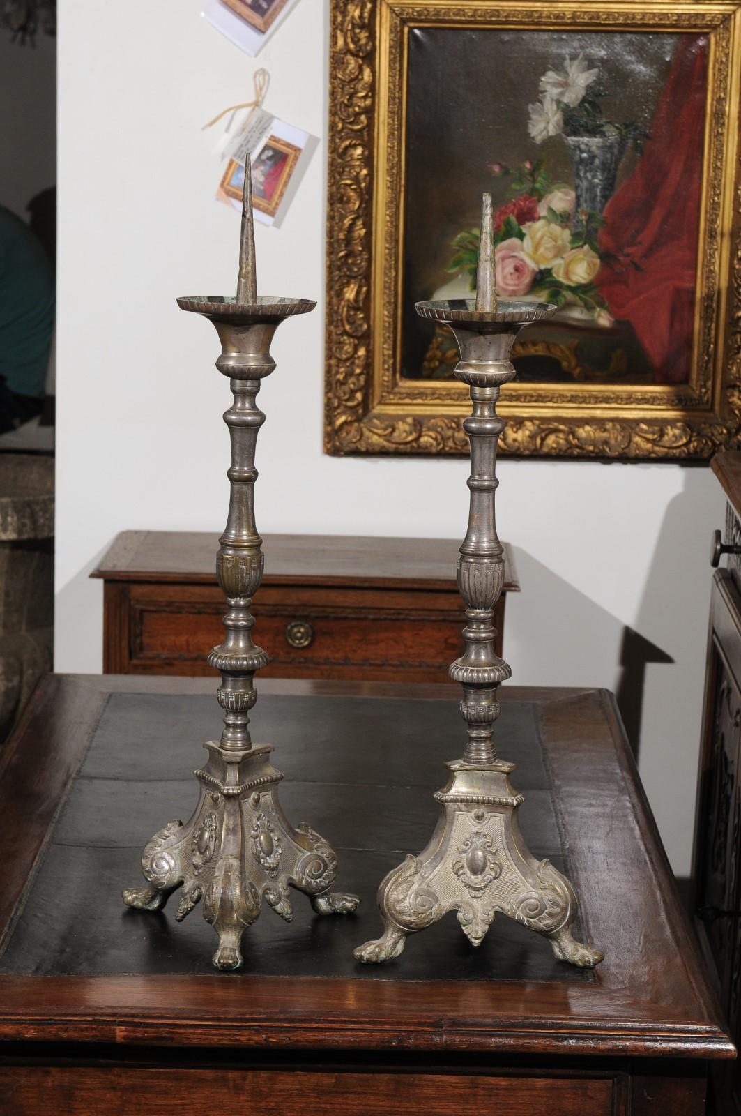 Pair of French Louis XV 18th Century Silvered Bronze Candlestick with Paw Feet For Sale 2
