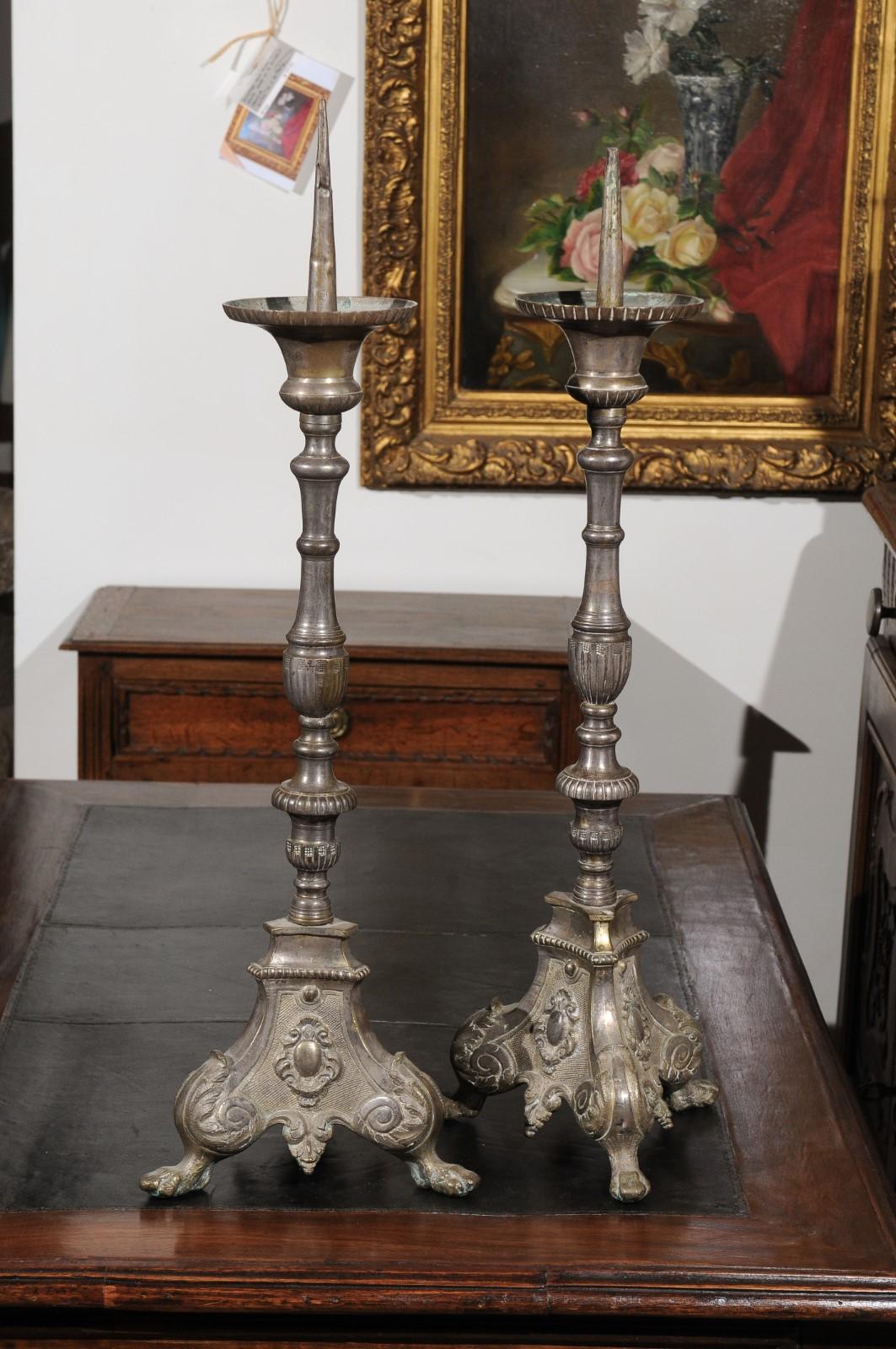 Pair of French Louis XV 18th Century Silvered Bronze Candlestick with Paw Feet For Sale 3