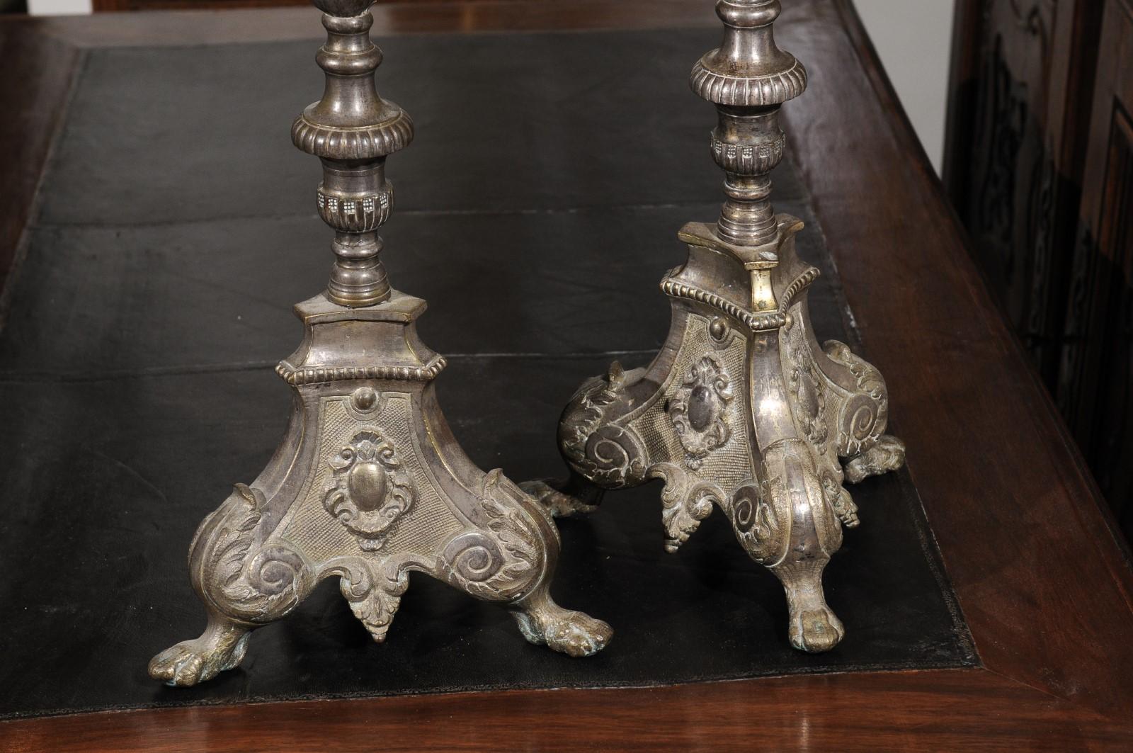 Pair of French Louis XV 18th Century Silvered Bronze Candlestick with Paw Feet For Sale 4