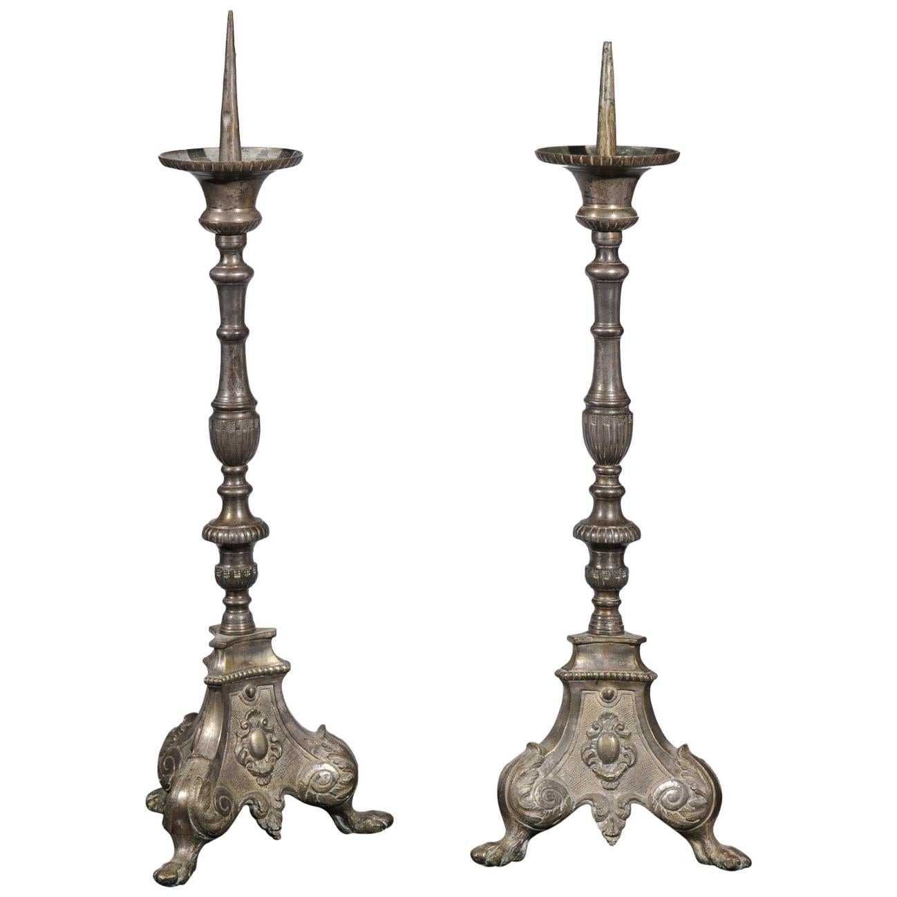 Pair of French Louis XV 18th Century Silvered Bronze Candlestick with Paw Feet For Sale