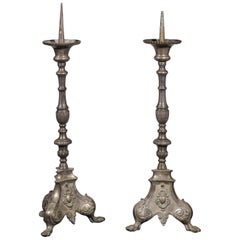 Pair of French Louis XV 18th Century Silvered Bronze Candlestick with Paw Feet
