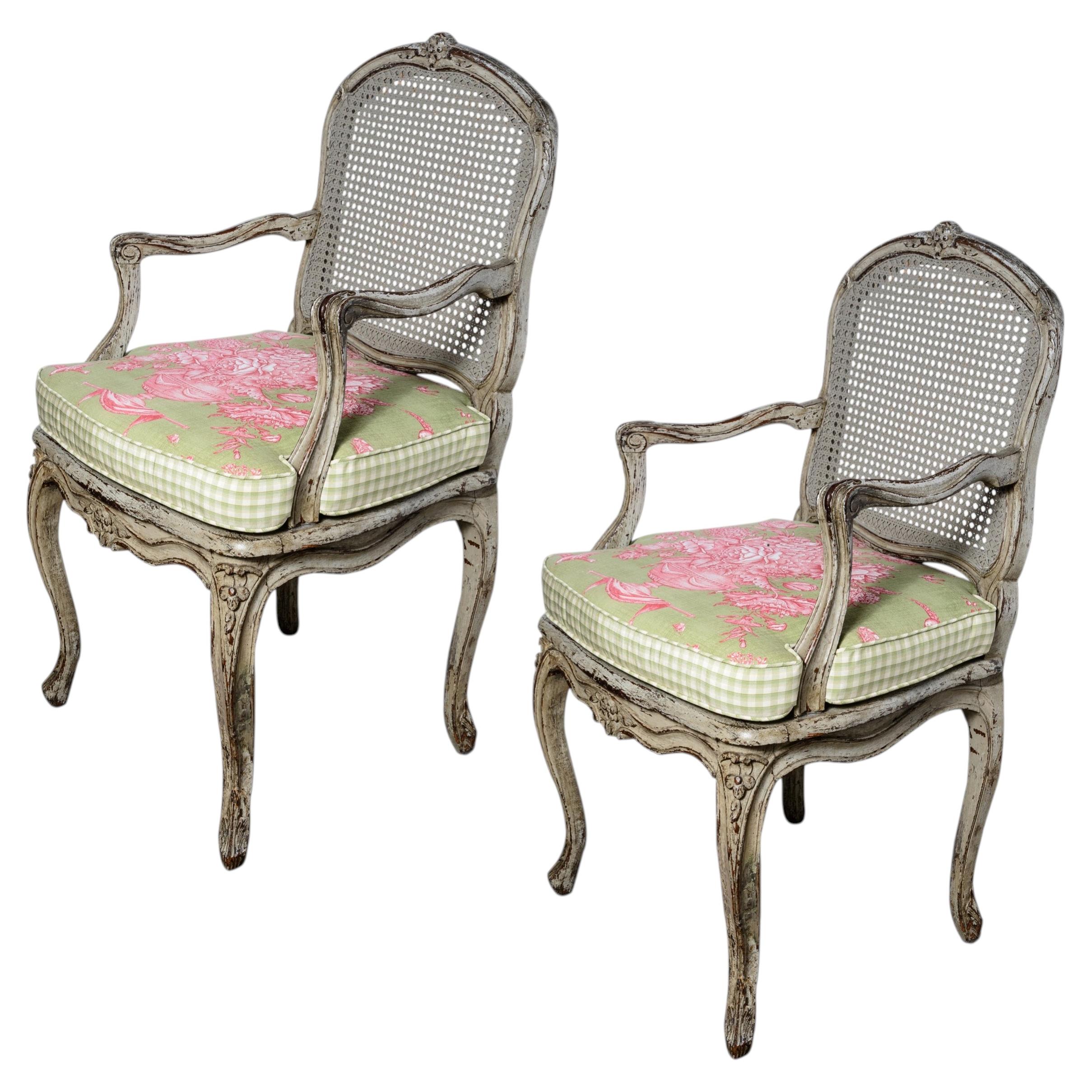 French Louis XV Armchairs, Painted Wood, Cane Back & Seat Antique, 1860s For Sale