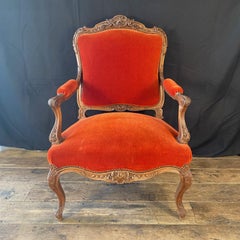 Pair of French Louis XV Armchairs with Original Vermilion Mohair Upholstery