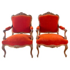 Pair of French Louis XV Armchairs with Original Vermilion Mohair Upholstery