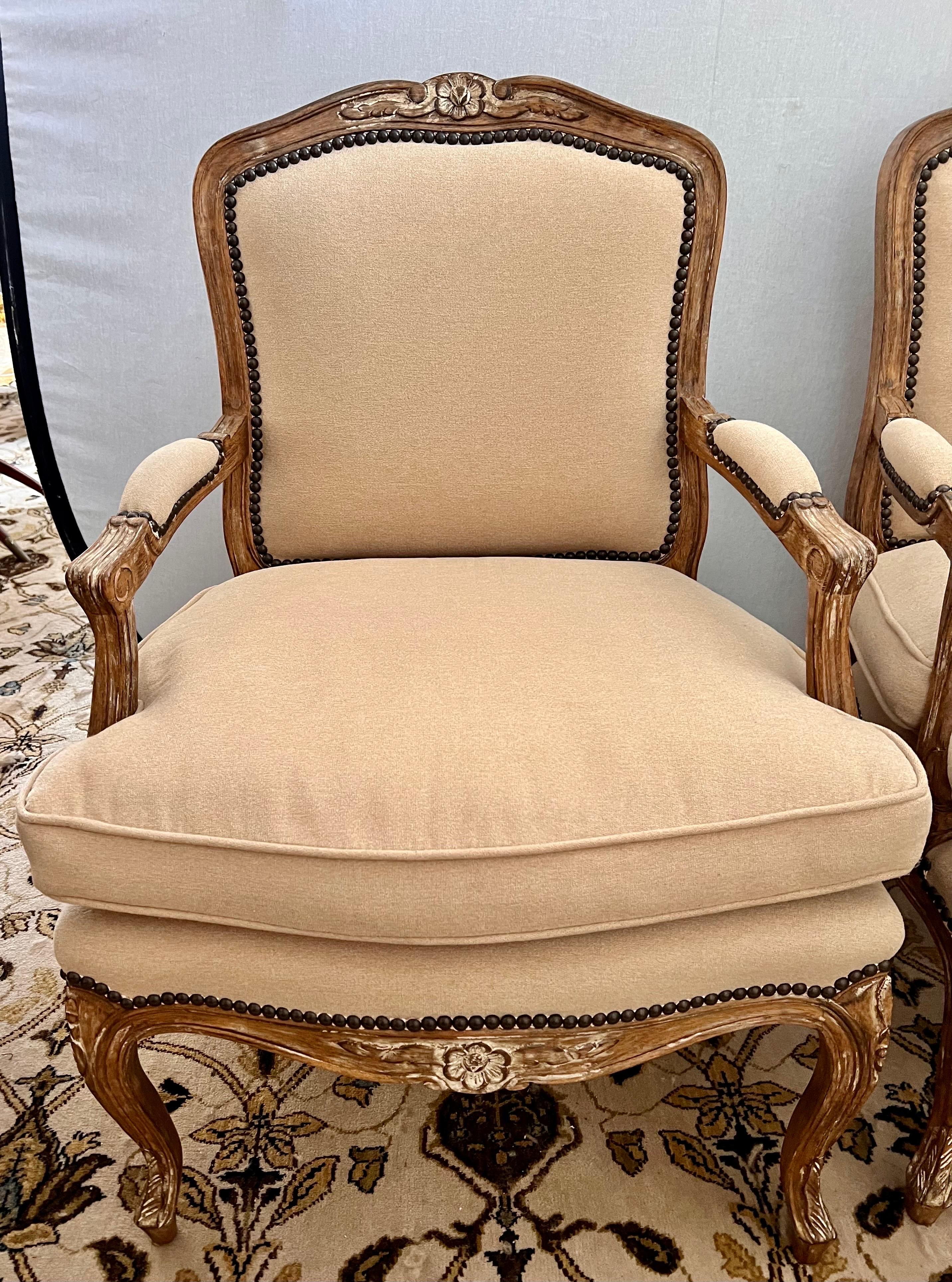 Pair of French Louis XV Bergere Armchairs Chairs with New Upholstery 5