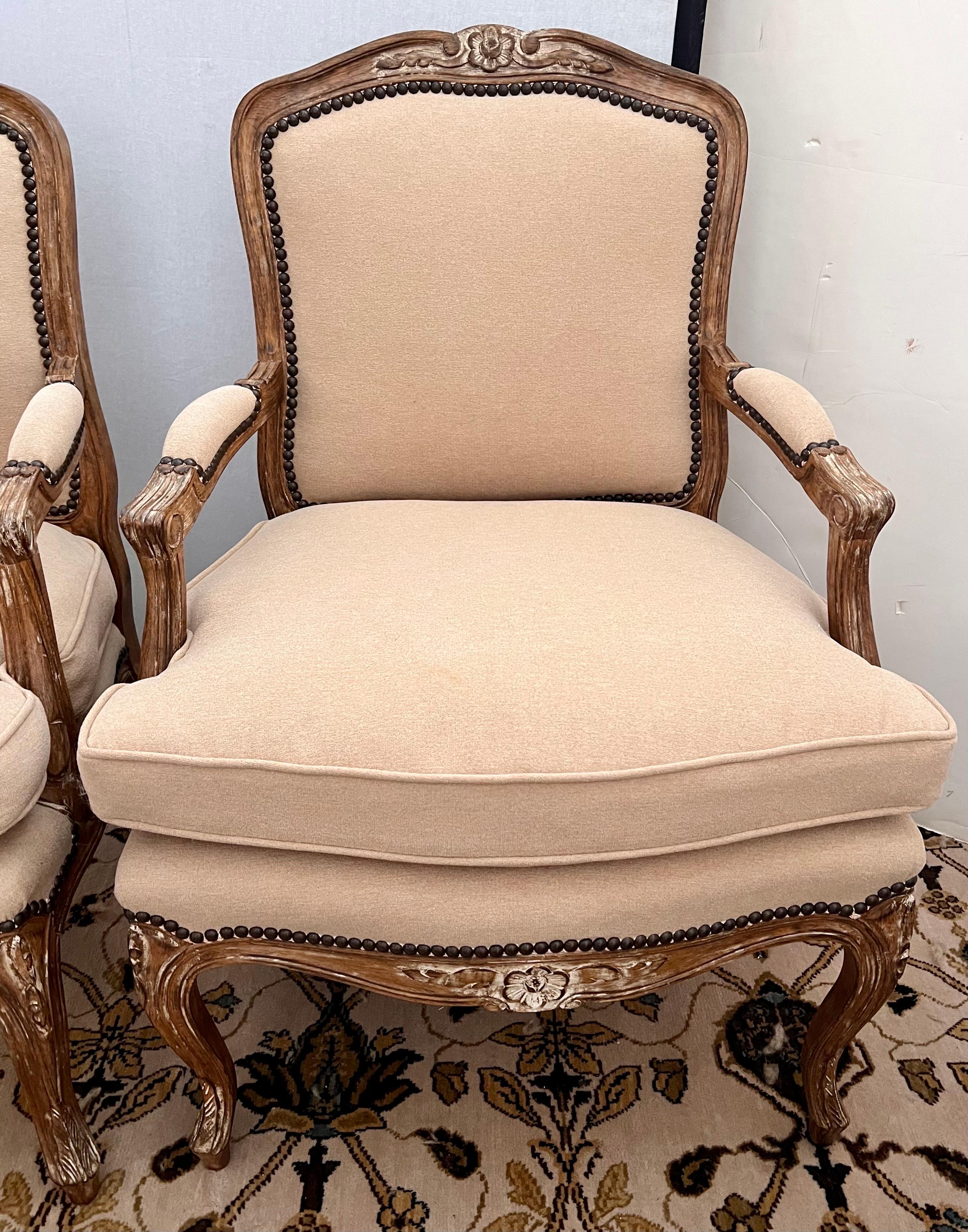 Pair of French Louis XV Bergere Armchairs Chairs with New Upholstery 4