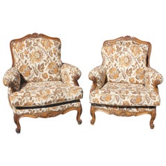 Pair of French Louis XV Bergere Chairs Solid Walnut, circa 1920s Pair of French Louis XV Bergere Chairs Solid Walnut, circa 1920s
