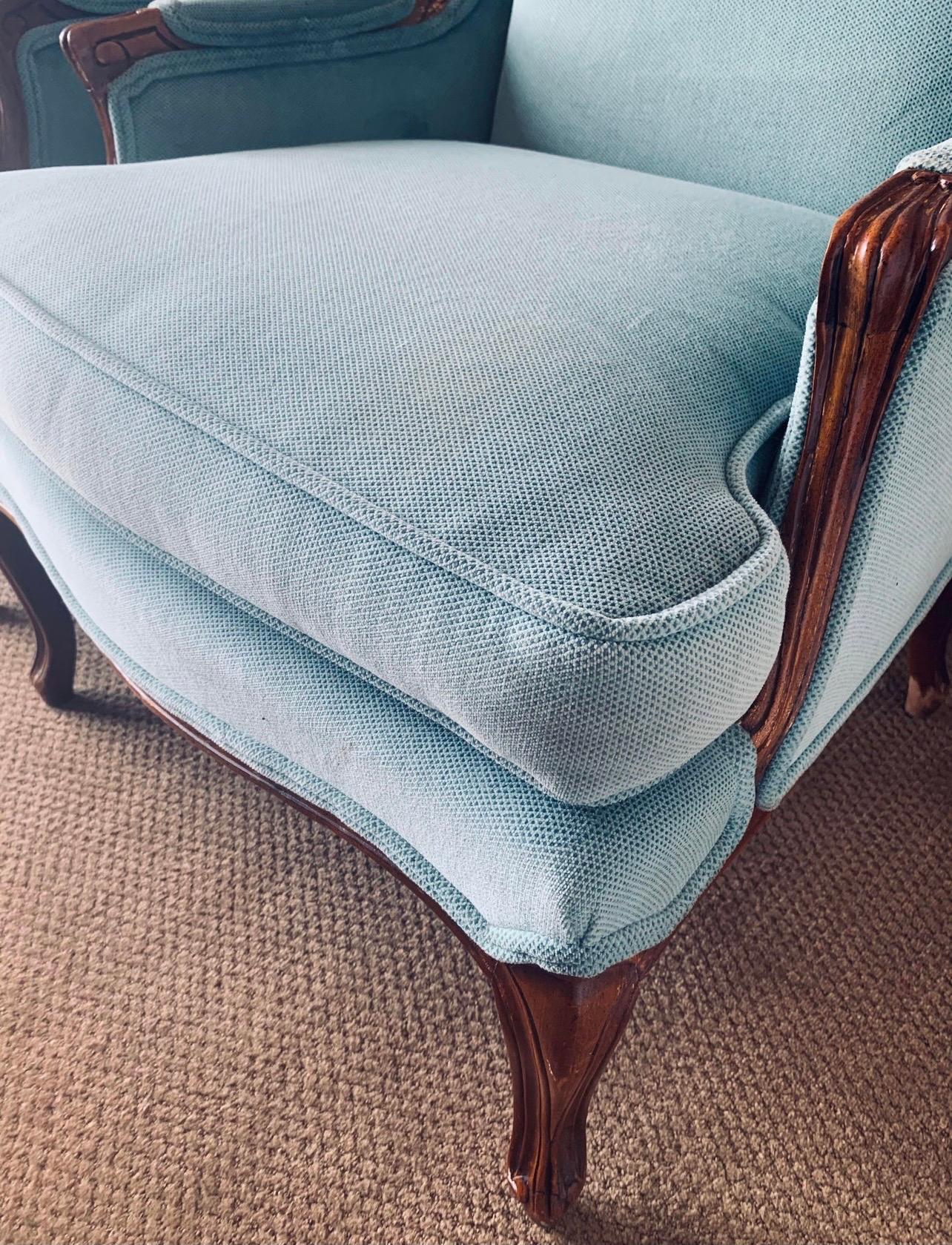 Elegant pair of vintage French wingbacks with the most gorgeous light blue cotton chenille upholstery. Small pulls on back corners. Now, more than ever, home is where the heart is.
