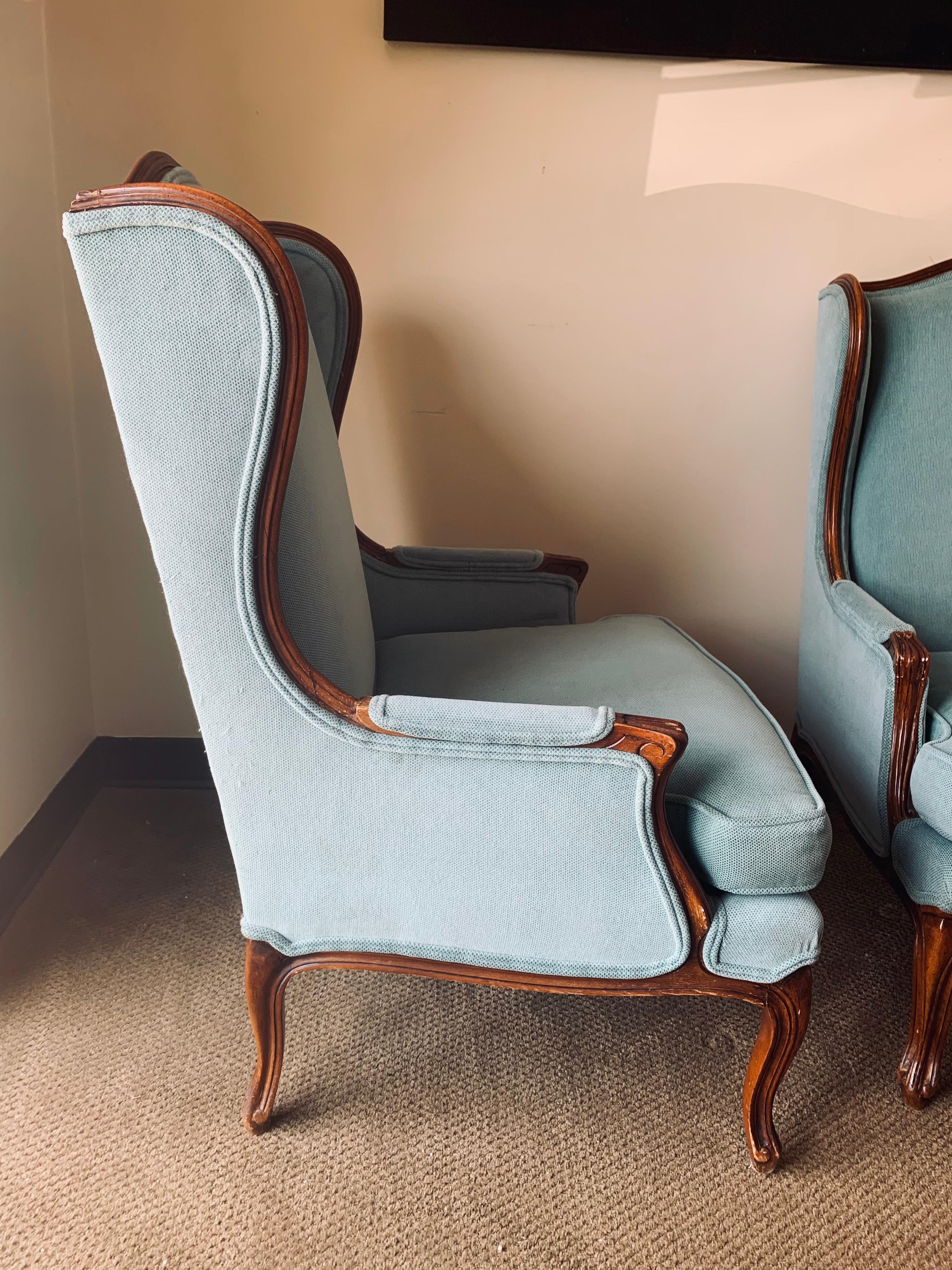 20th Century Pair of French Louis XV Blue Upholstered Carved Wingback Chairs