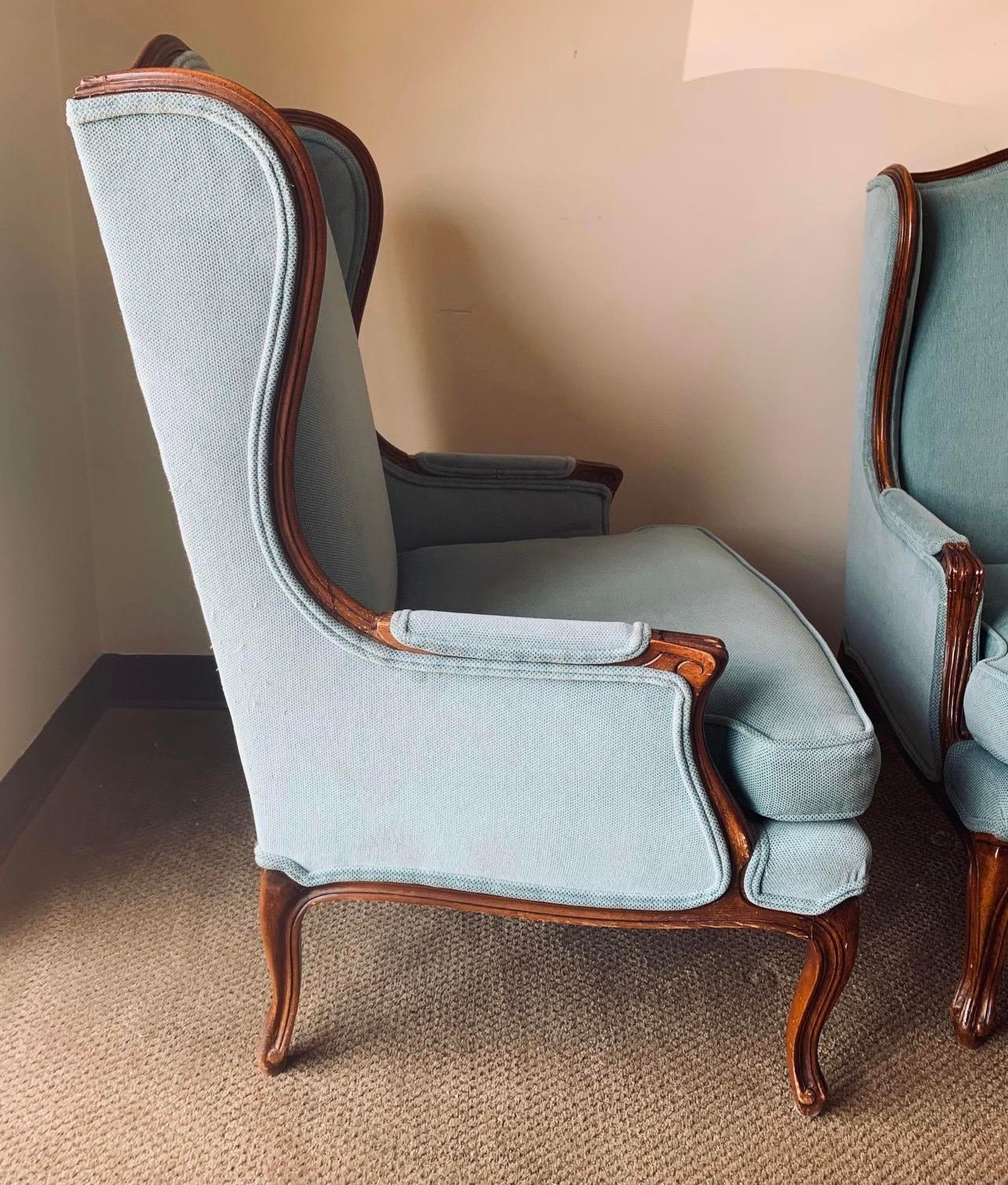 20th Century Pair of French Louis XV Blue Upholstered Carved Wingback Chairs
