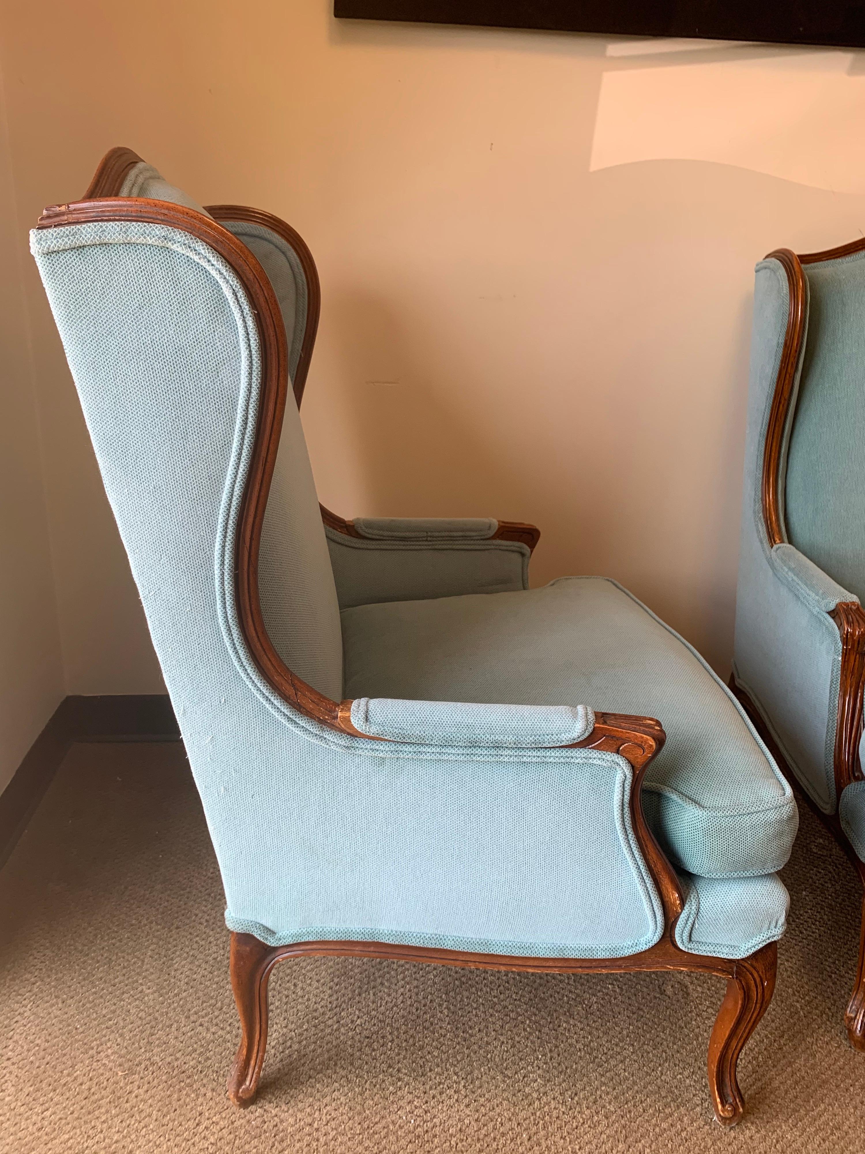 Upholstery Pair of French Louis XV Blue Upholstered Carved Wingback Chairs