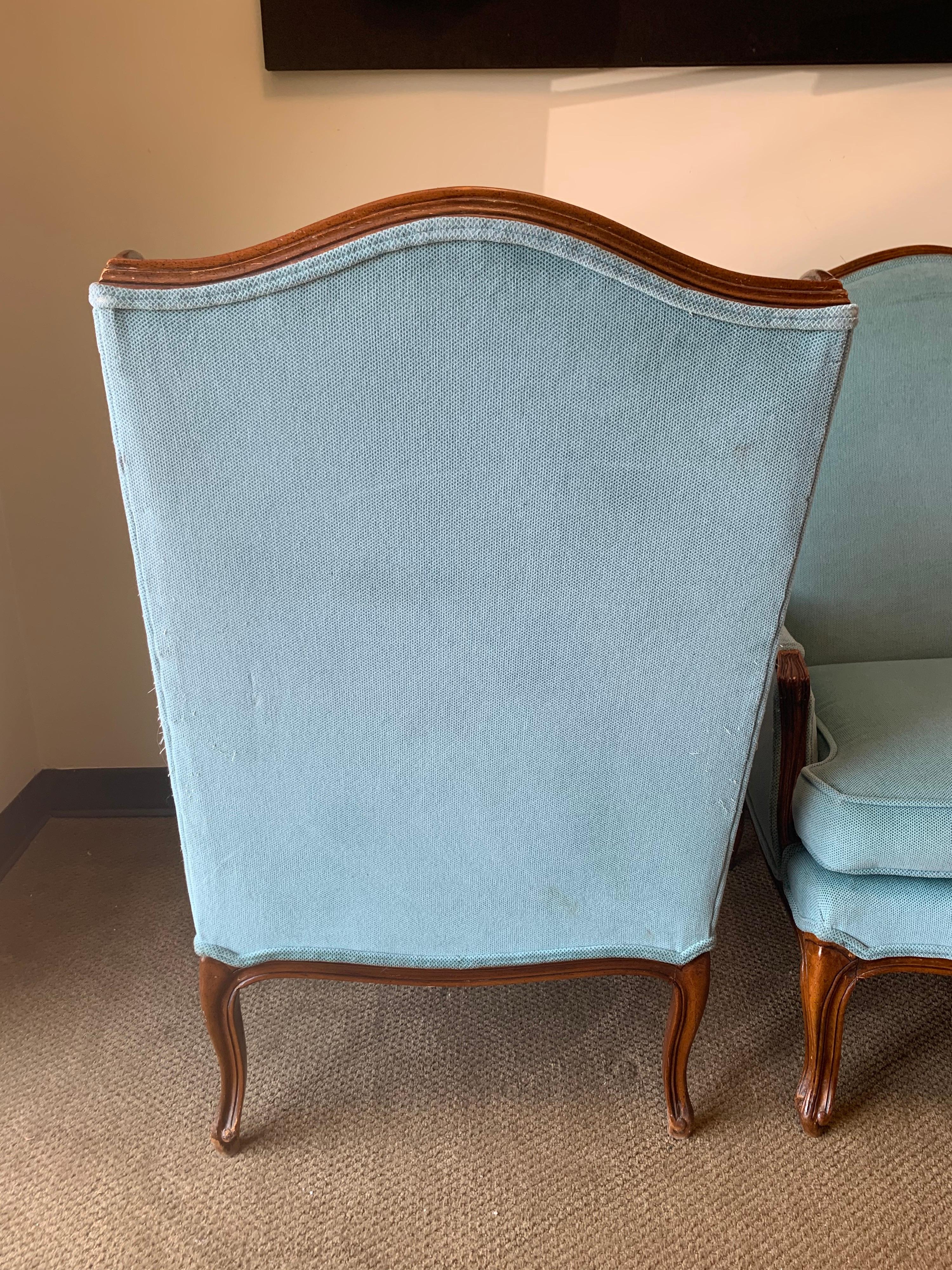 Pair of French Louis XV Blue Upholstered Carved Wingback Chairs 1