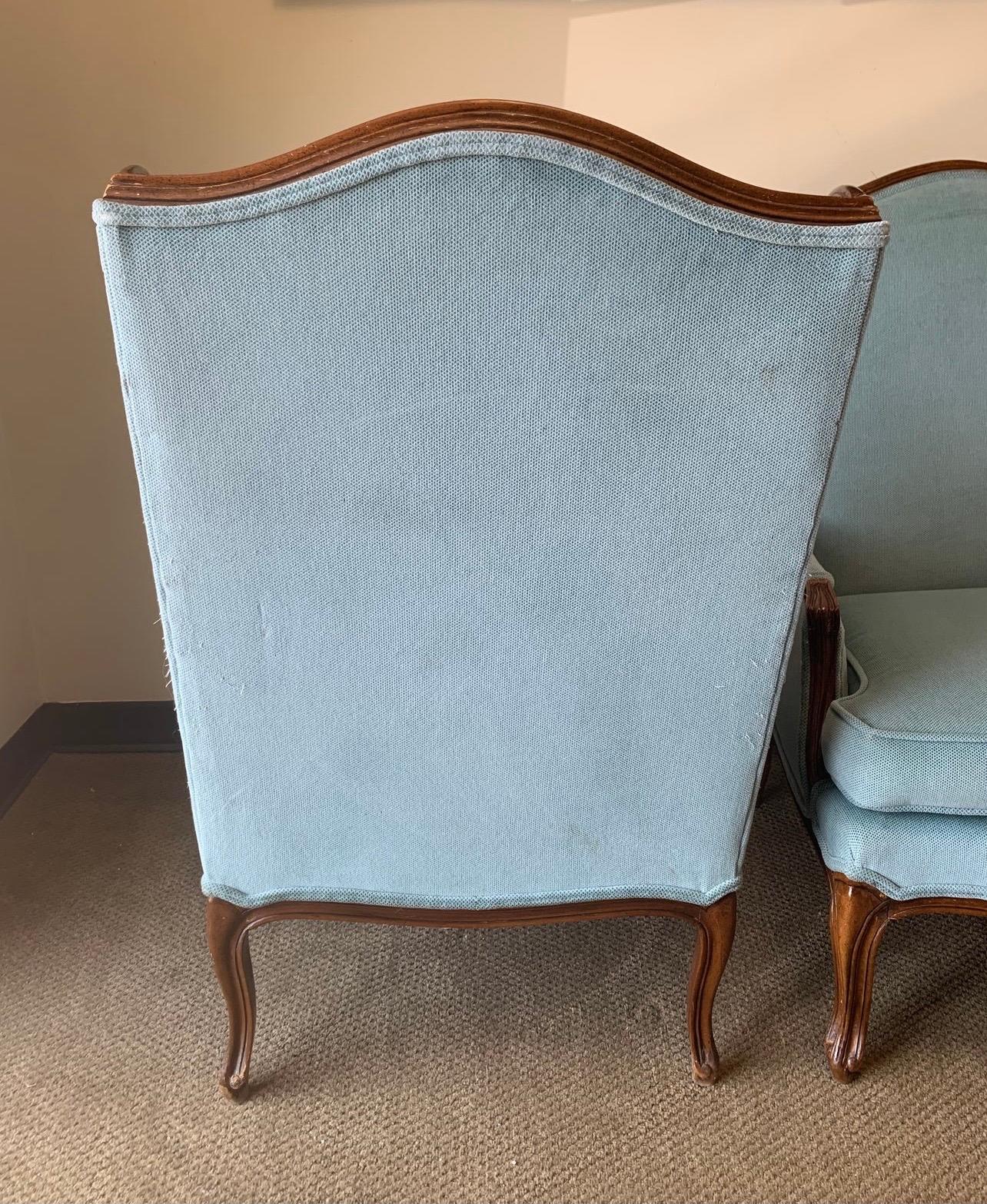Pair of French Louis XV Blue Upholstered Carved Wingback Chairs 1