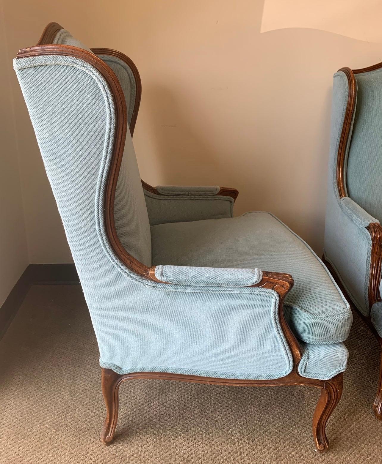 Pair of French Louis XV Blue Upholstered Carved Wingback Chairs 2