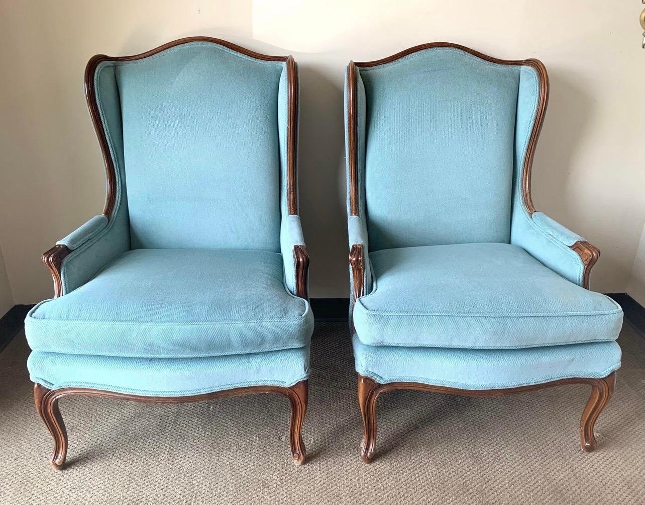 Pair of French Louis XV Blue Upholstered Carved Wingback Chairs 4