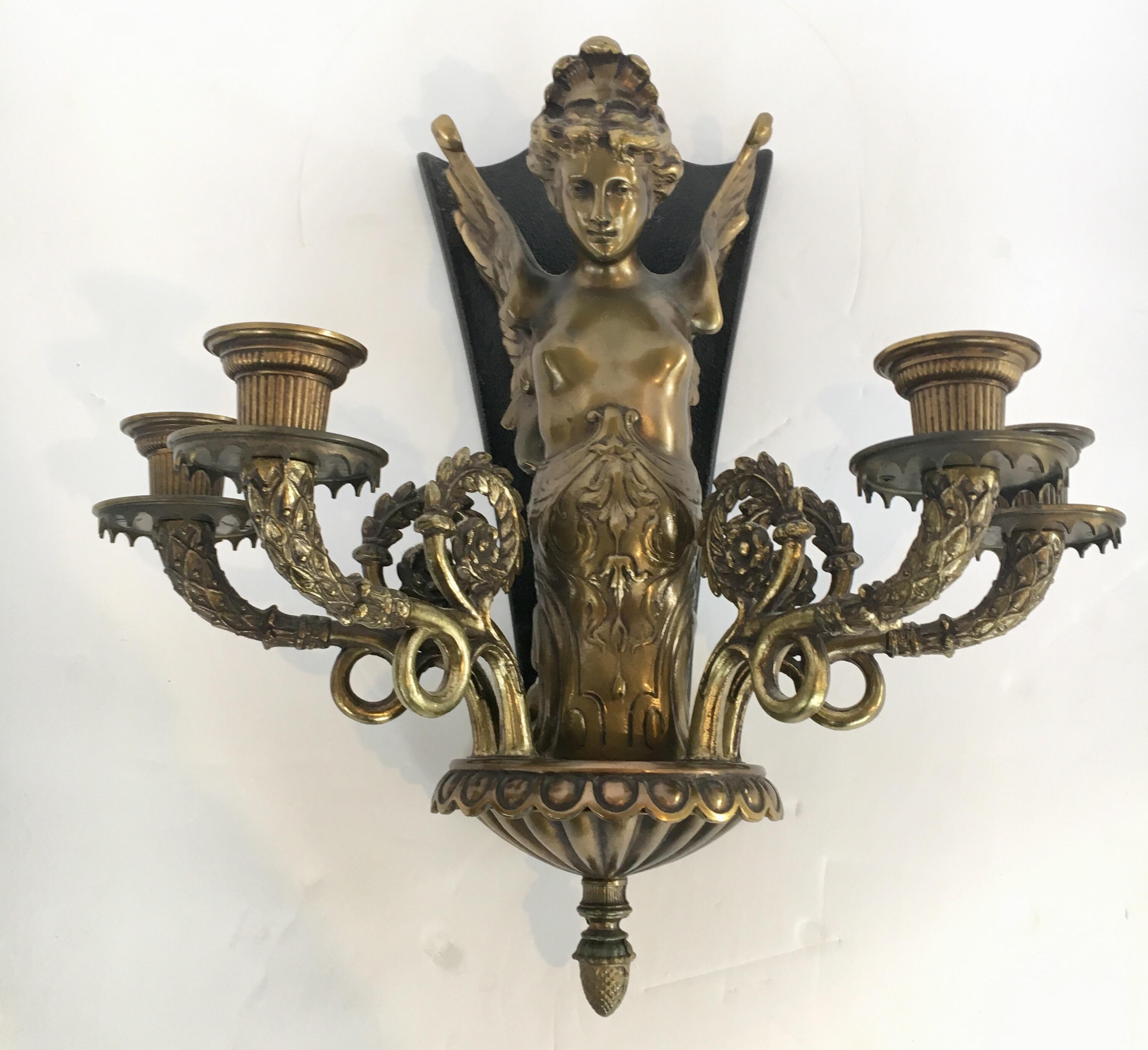 Pair of French Louis XV Bronze Wall Sconces Lights Sculptures Putti Cherub Women 8