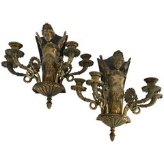 Antique Pair of French Louis XV Bronze Wall Sconces Lights Sculptures Putti Cherub Women