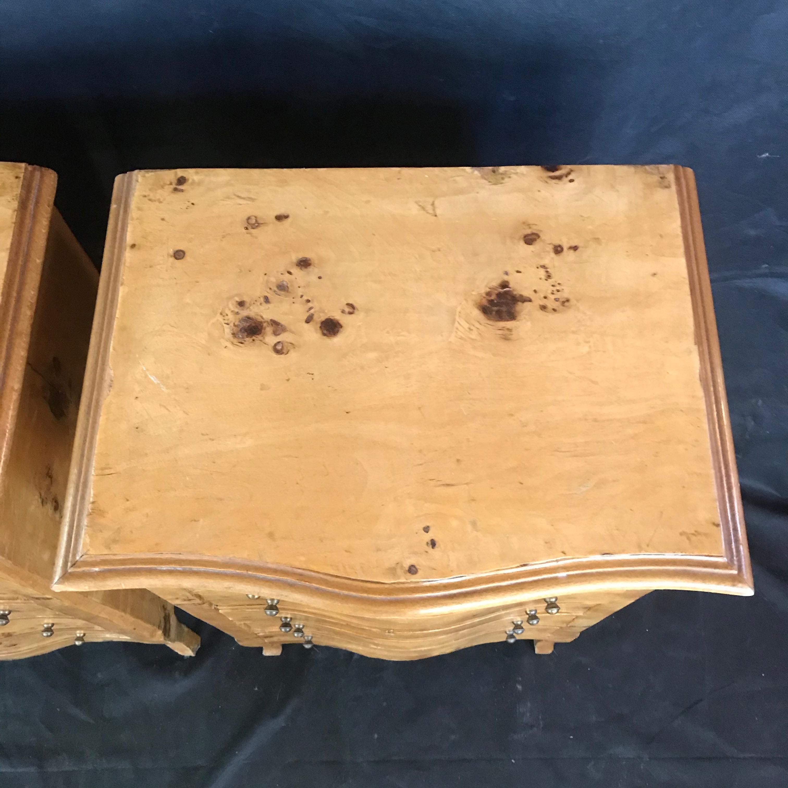 Beautiful pair of Louis XV style French burled walnut or fruitwood side tables or nightstands with cabriole legs and 5 drawers. 
 
Measures: H 29” x W 17.25” x D 13 1/8”
#4588.