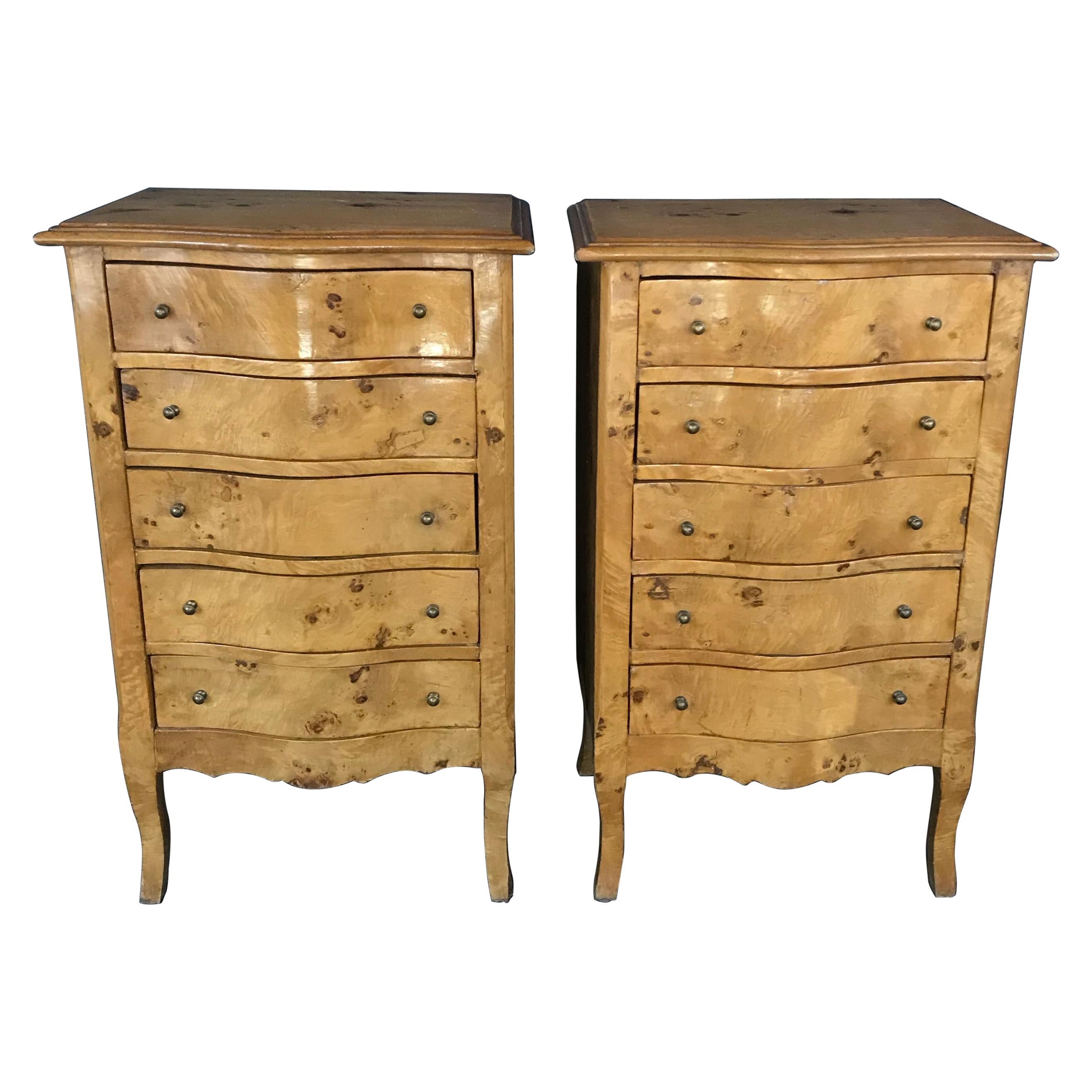 Pair of French Louis XV Burled Walnut or Fruitwood Side Tables or Nightstands