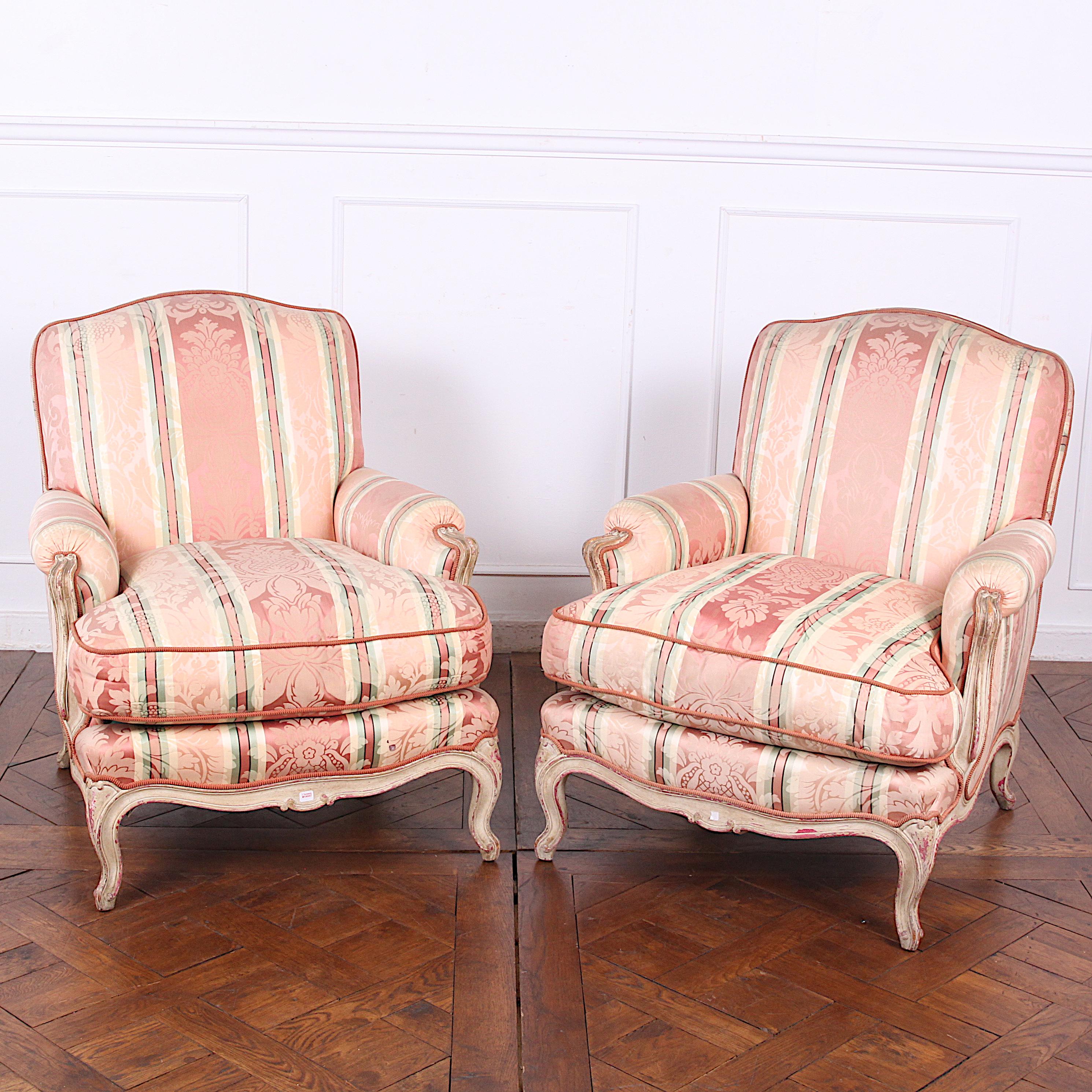 Pair of French Louis XV Carved and Painted Armchairs 7