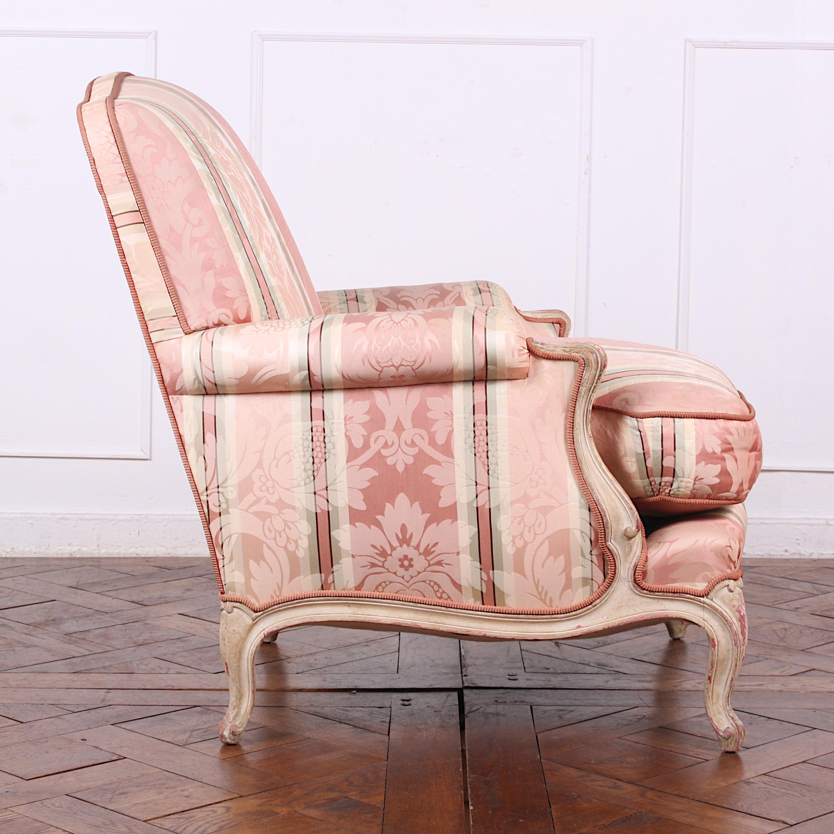 Beech Pair of French Louis XV Carved and Painted Armchairs