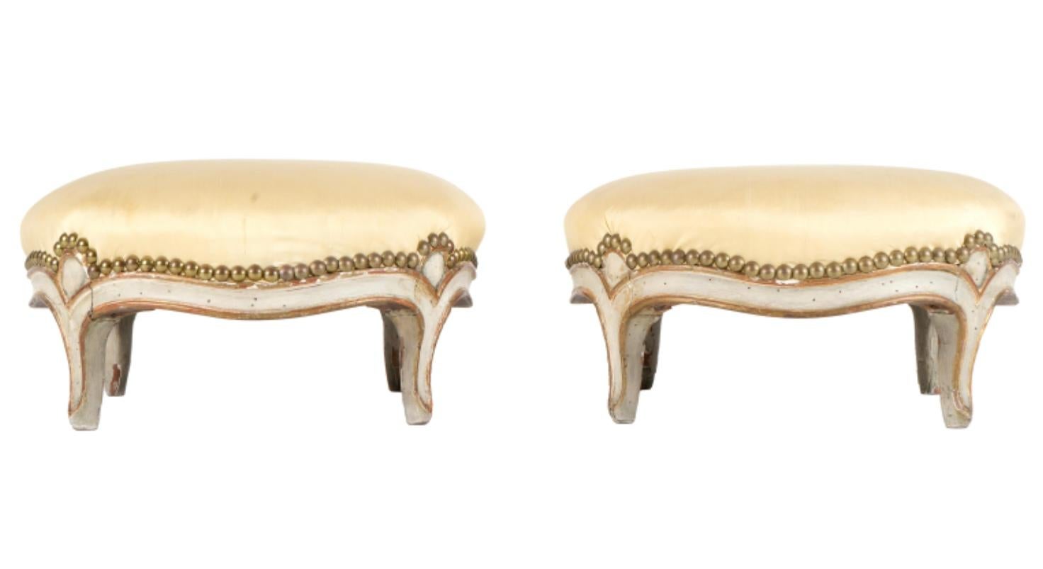 Pair of French Louis XV Carved And Painted Footstools In Good Condition In Bradenton, FL