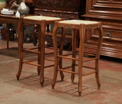 Pair of French Louis XV Carved Beech Wood Bar Stools with Rush Seat