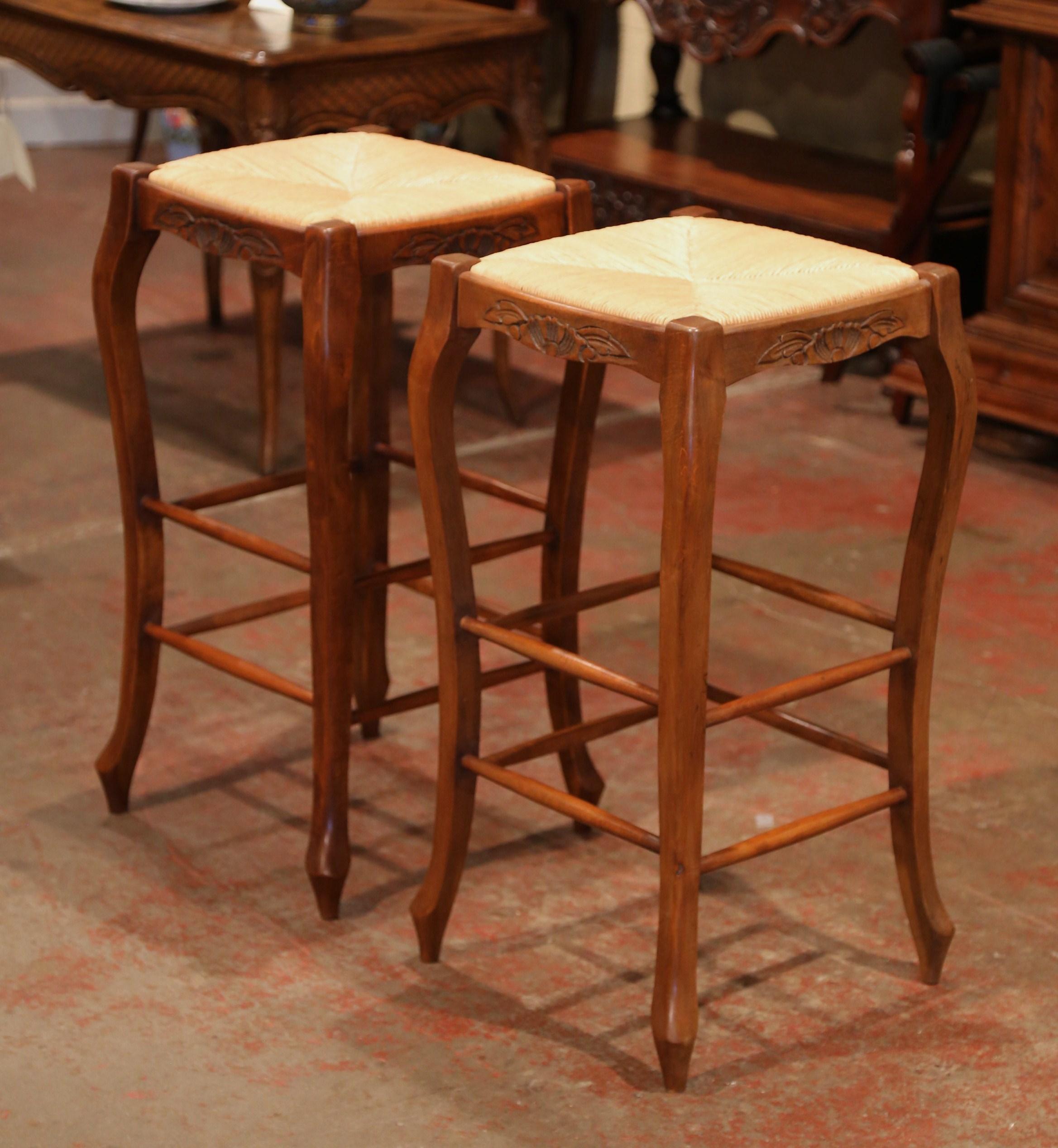 Contemporary Pair of French Louis XV Carved Beech Wood Bar Stools with Rush Seat