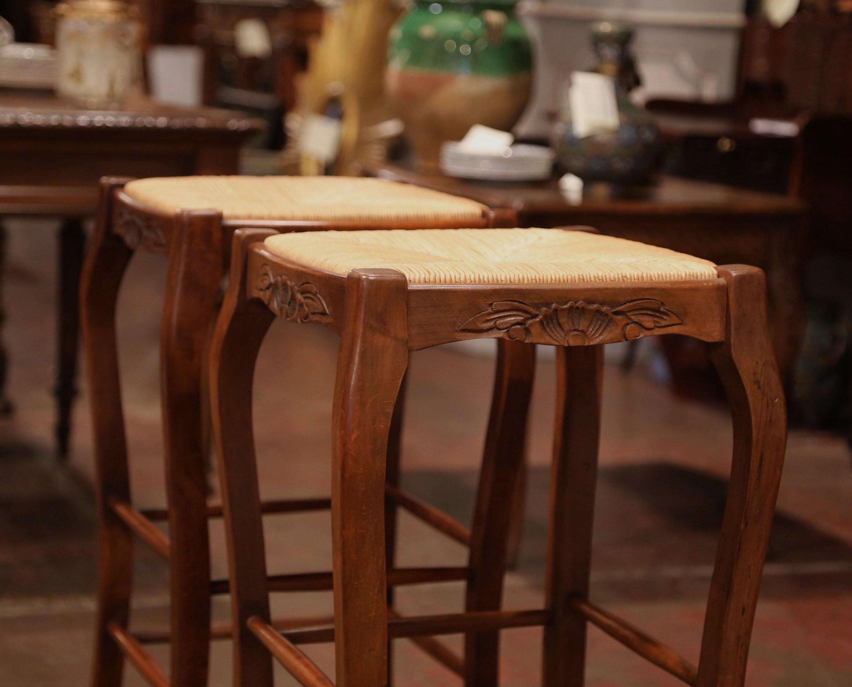 Pair of French Louis XV Carved Beech Wood Bar Stools with Rush Seat 1