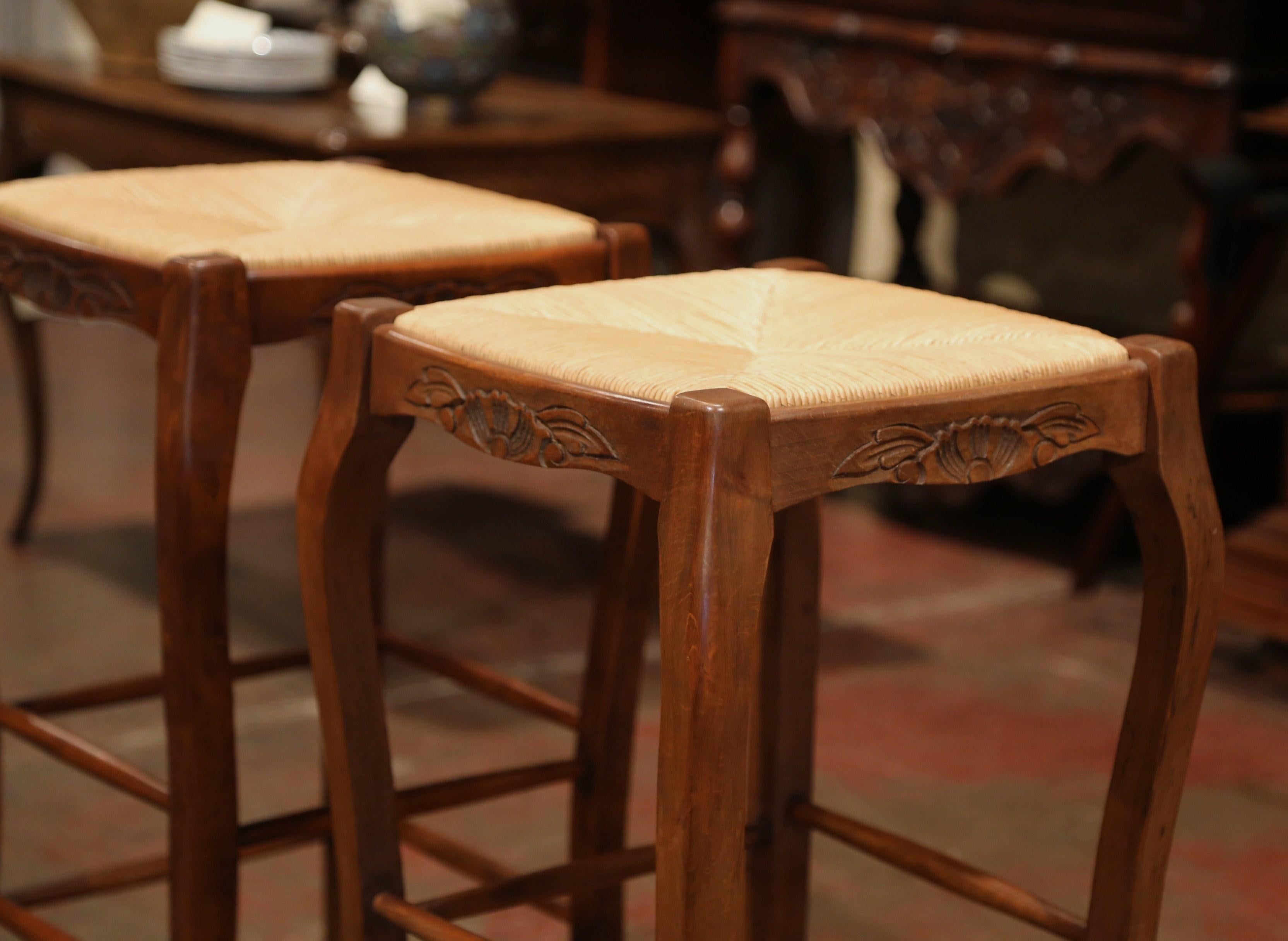 Pair of French Louis XV Carved Beech Wood Bar Stools with Rush Seat 4