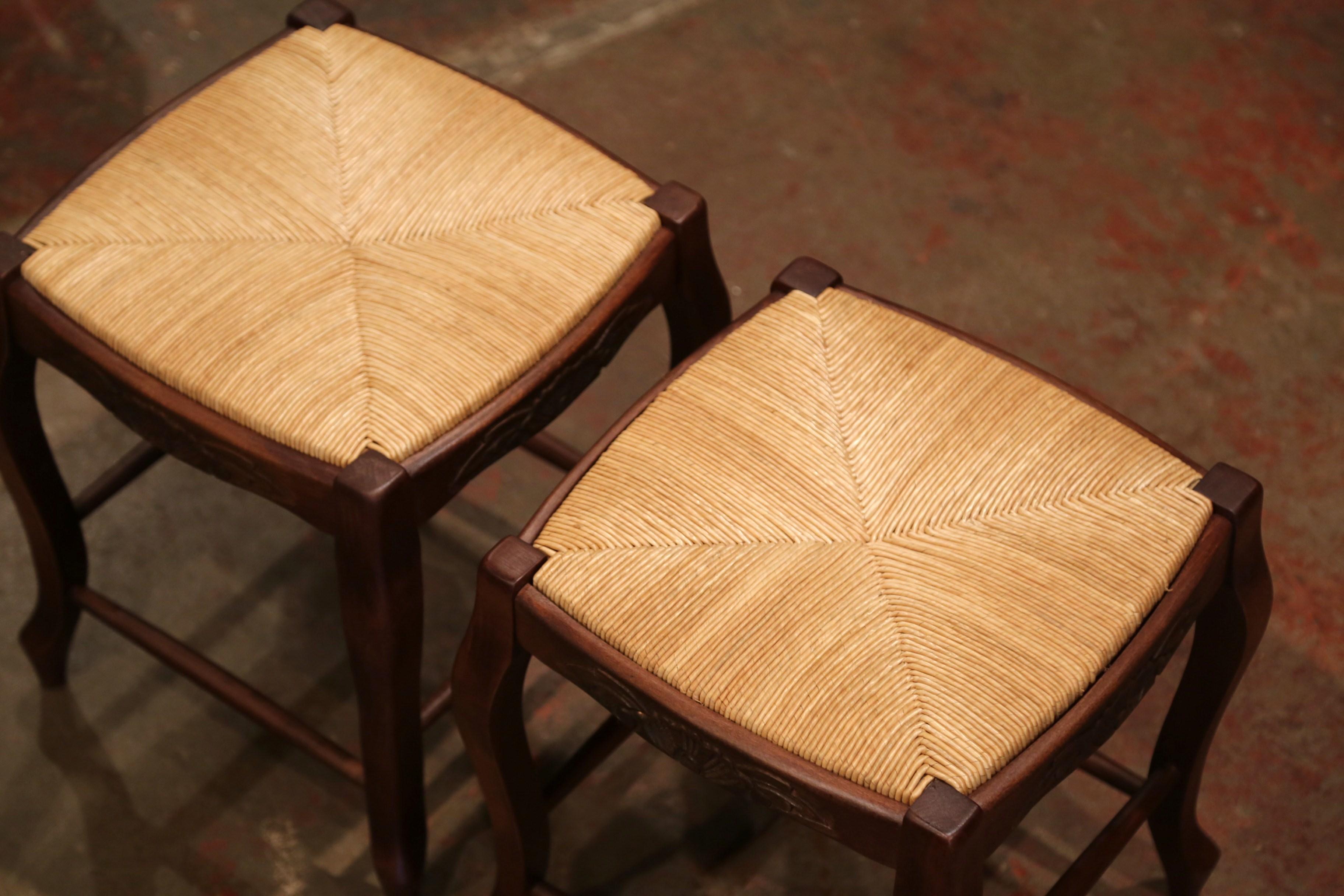 Hand-Carved Pair of French Louis XV Carved Beech Wood Stools with Rush Seat