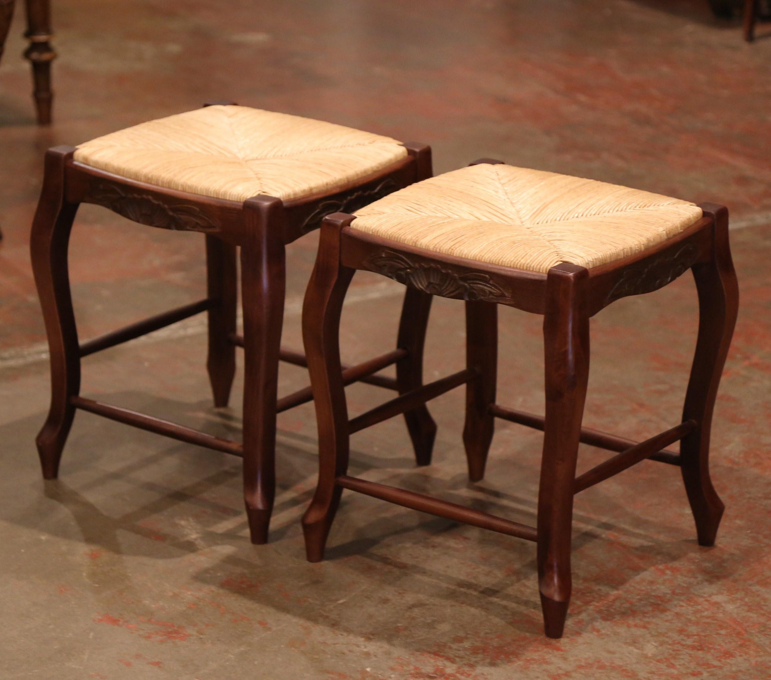 Pair of French Louis XV Carved Beech Wood Stools with Rush Seat 1