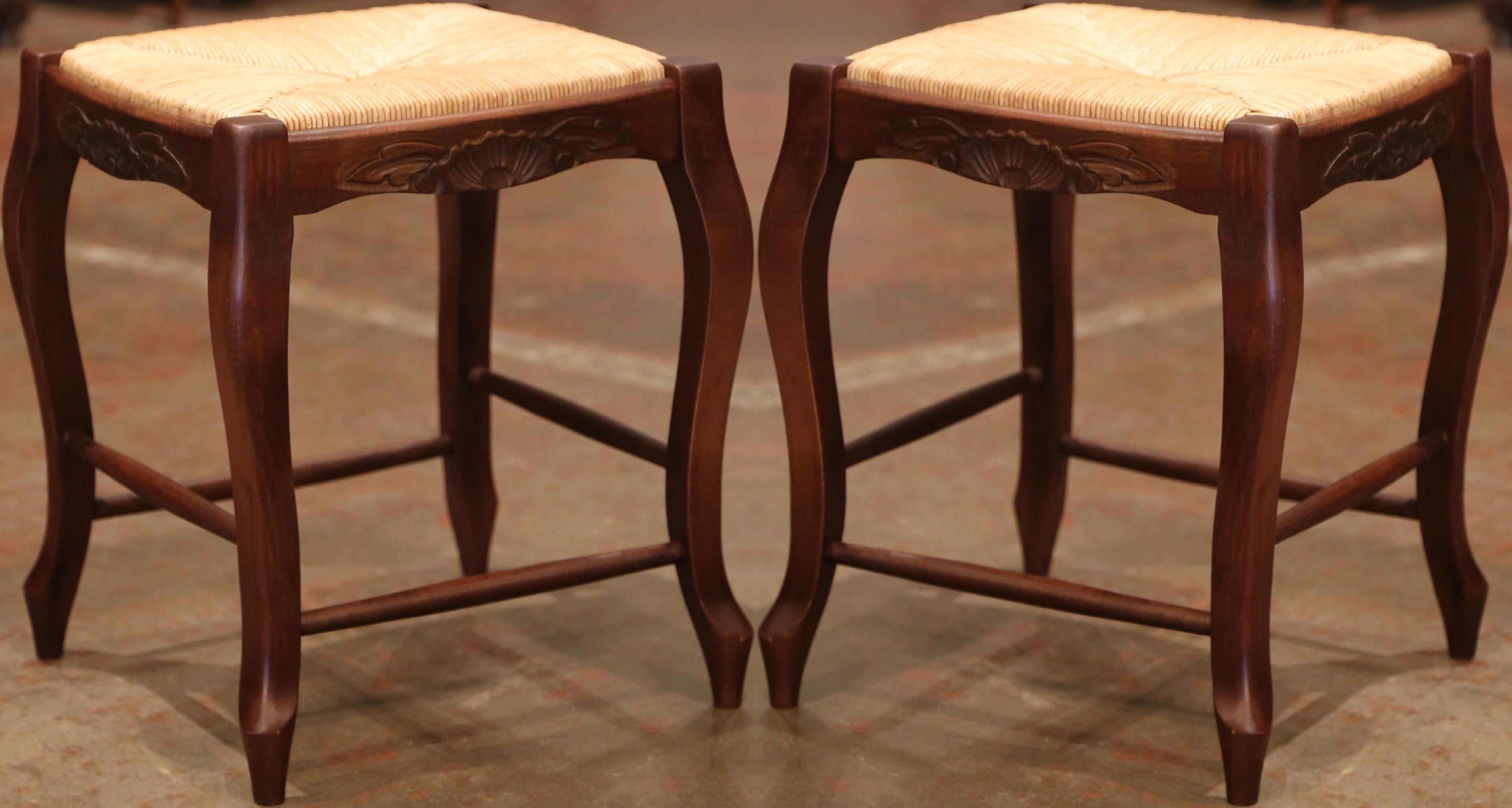 Pair of French Louis XV Carved Beech Wood Stools with Rush Seat 2