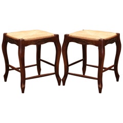 Pair of French Louis XV Carved Beech Wood Stools with Rush Seat