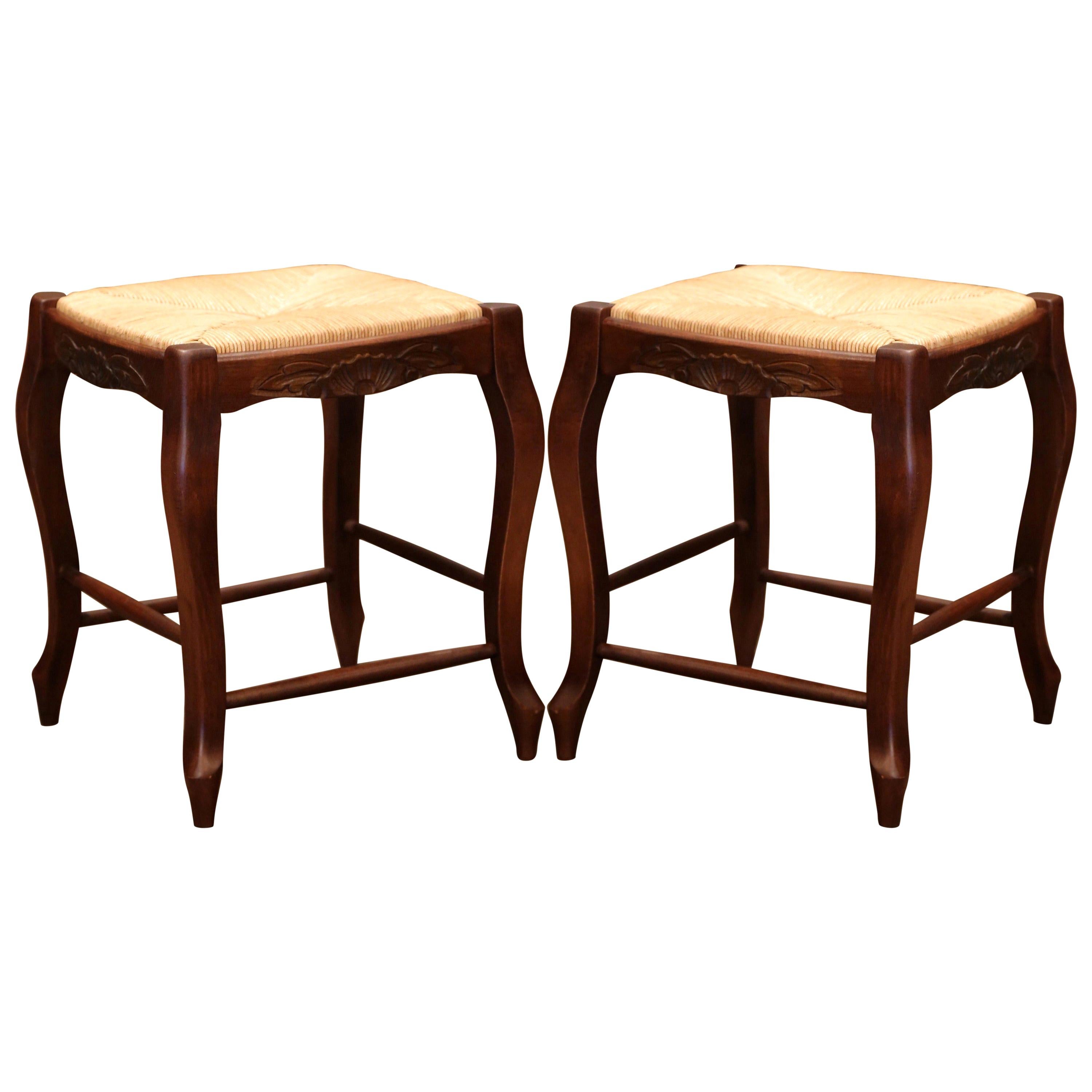Pair of French Louis XV Carved Beech Wood Stools with Rush Seat