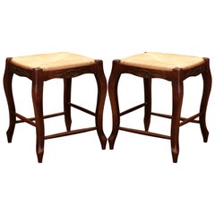 Pair of French Louis XV Carved Beech Wood Stools with Rush Seat