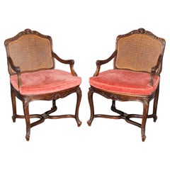 Pair of French Louis XV Carved Cane Back Armchairs C. 1900