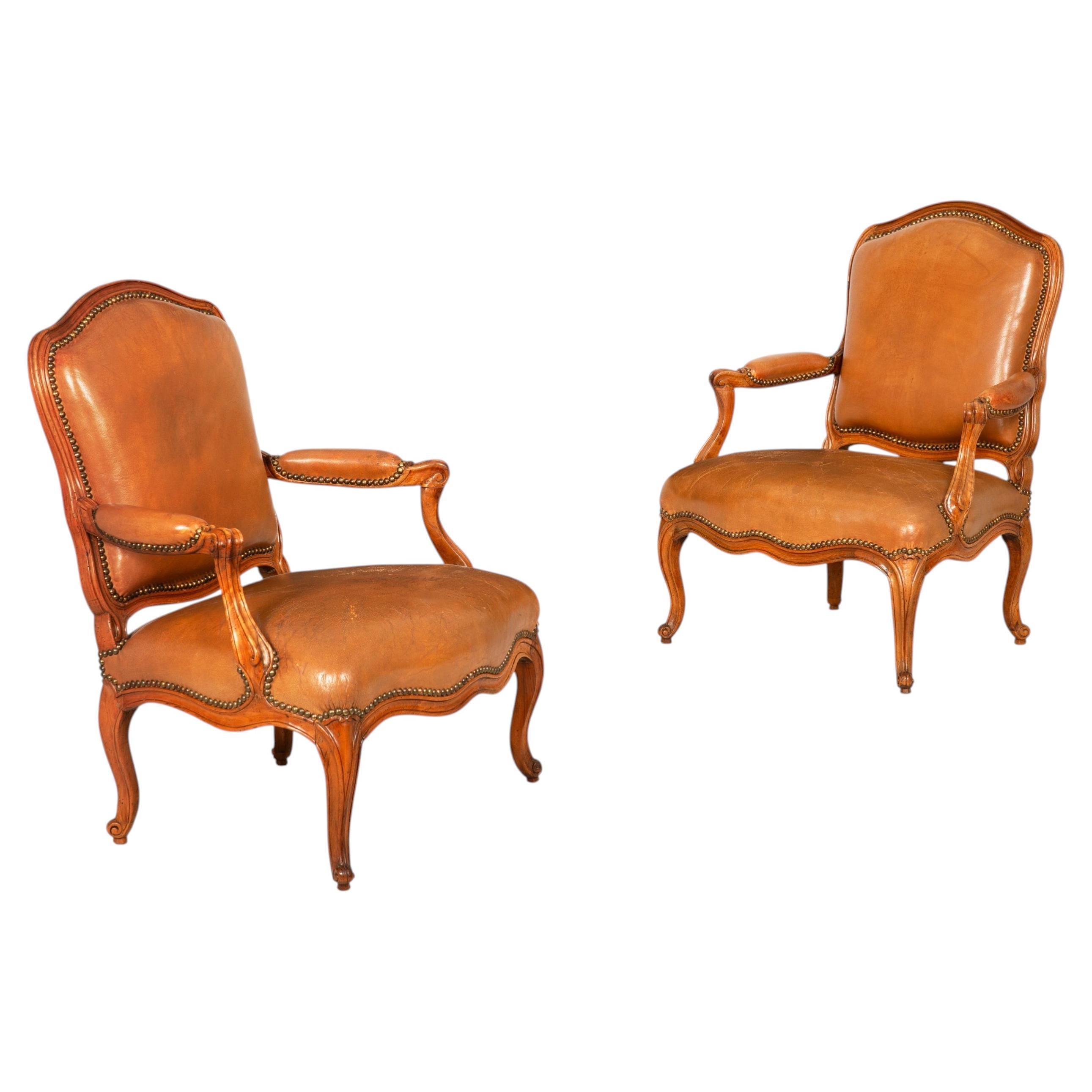 Pair of French Louis XV Carved Fauteuils Arm Chairs by Louis Cresson ca. 1750 For Sale