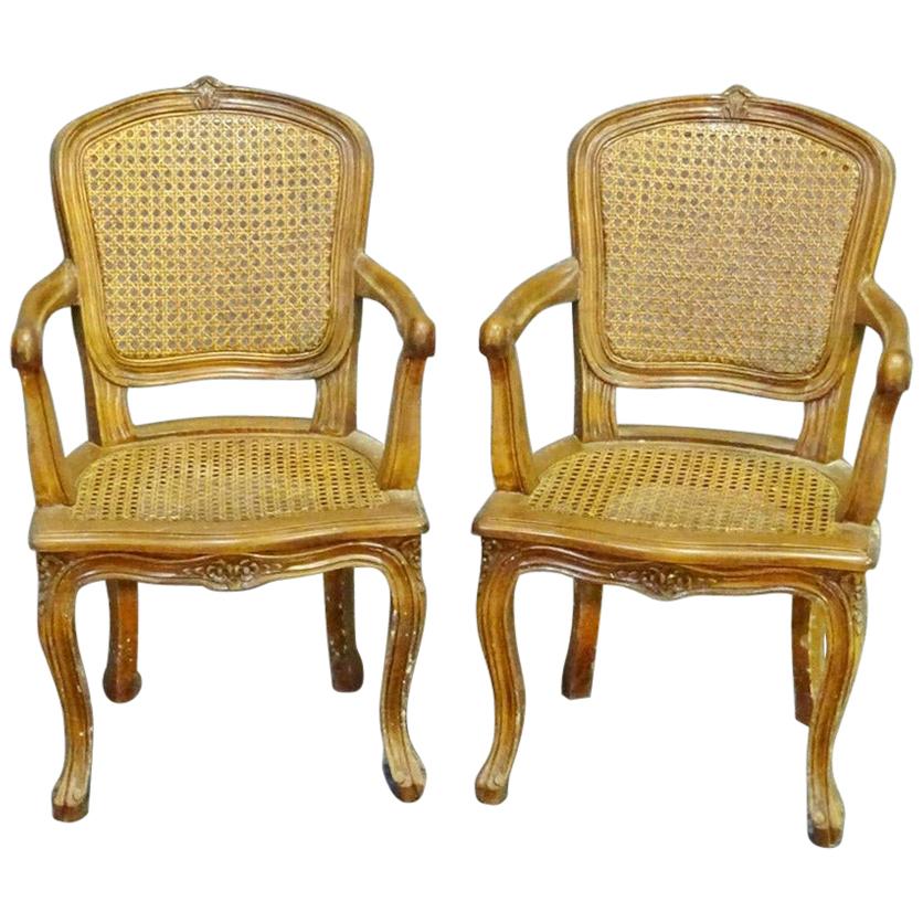Pair of French Louis XV Child Sized Caned Armchairs, circa 1930s