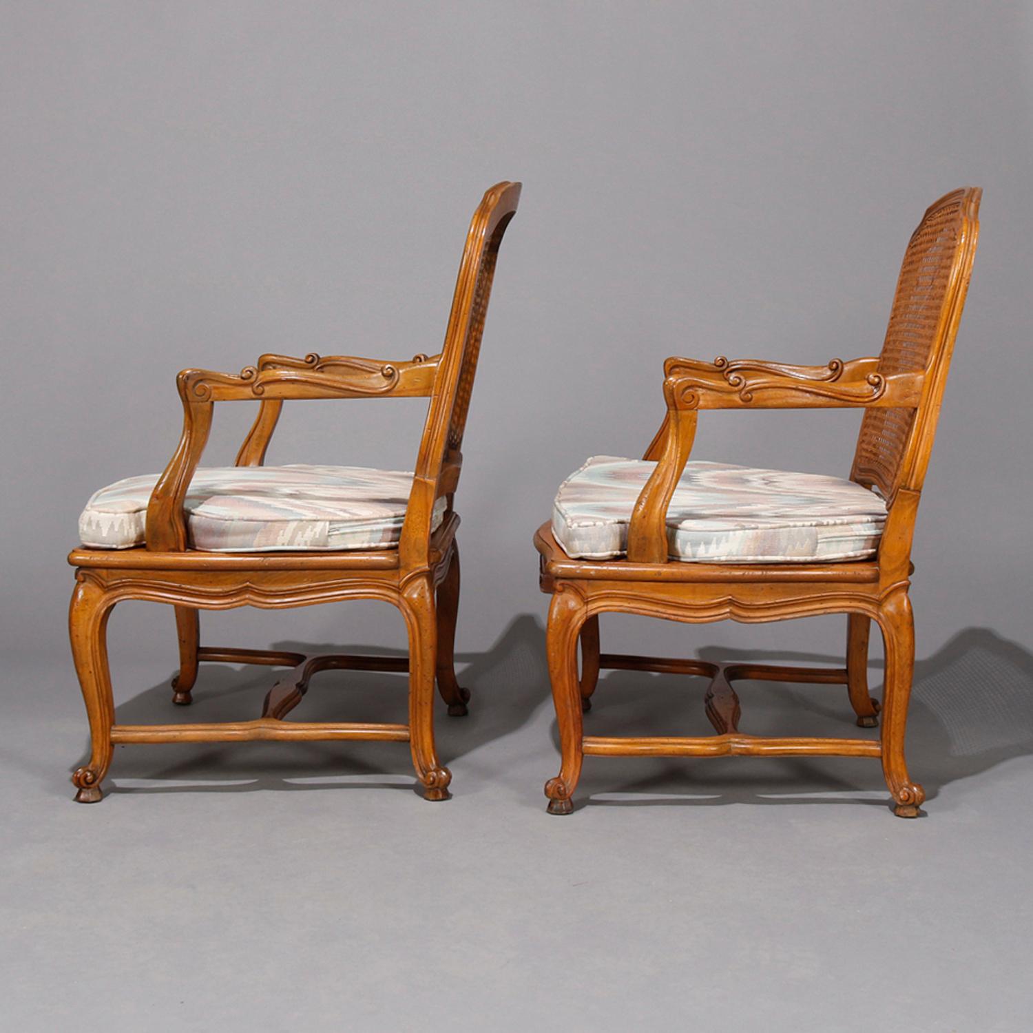 Pair of French Louis XV Fruitwood Pressed Cane Arm Chairs, 19th Century In Good Condition In Big Flats, NY