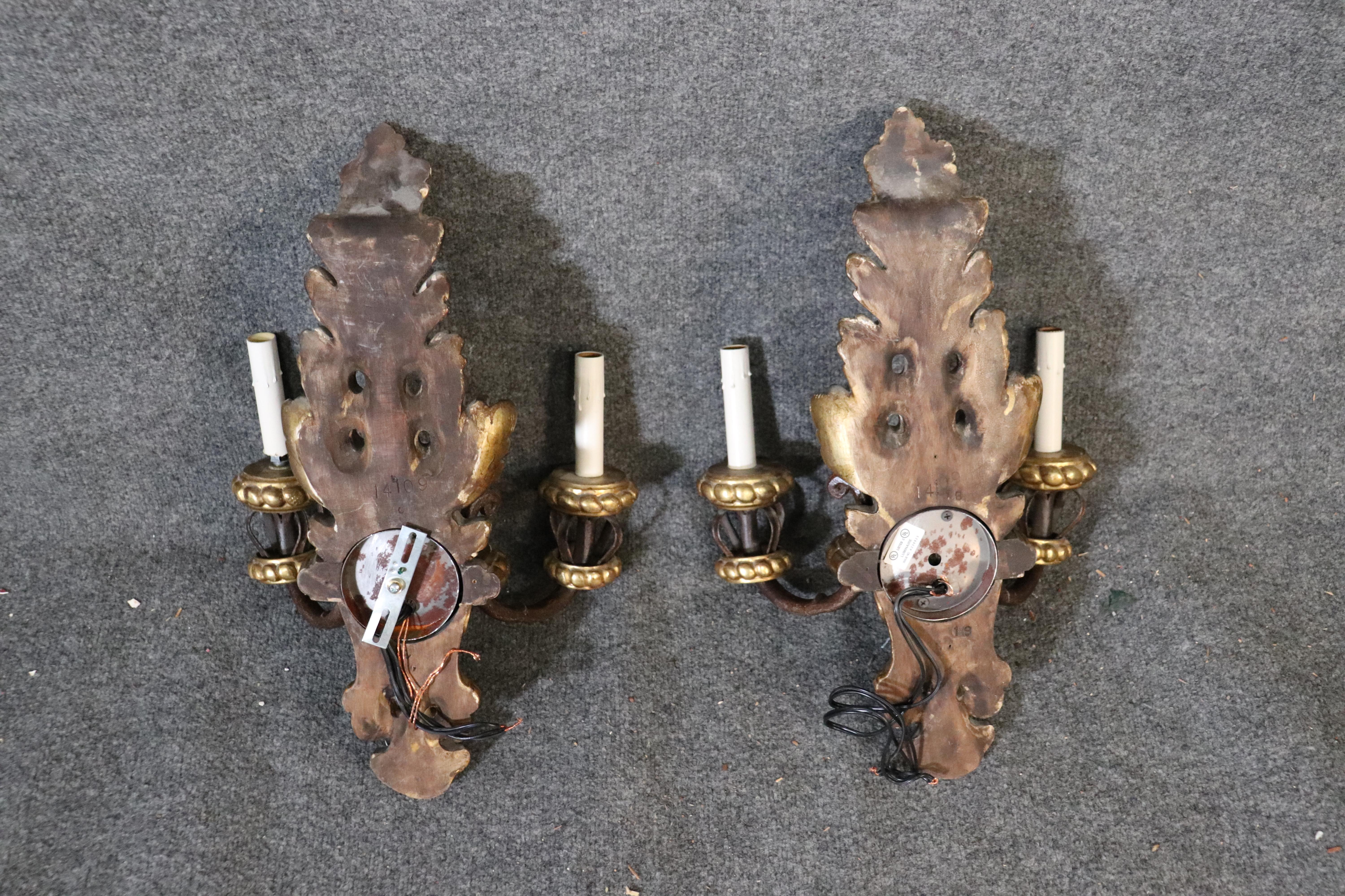 Fruitwood Pair of French Louis XV Gilded Carved Wood Sconces For Sale