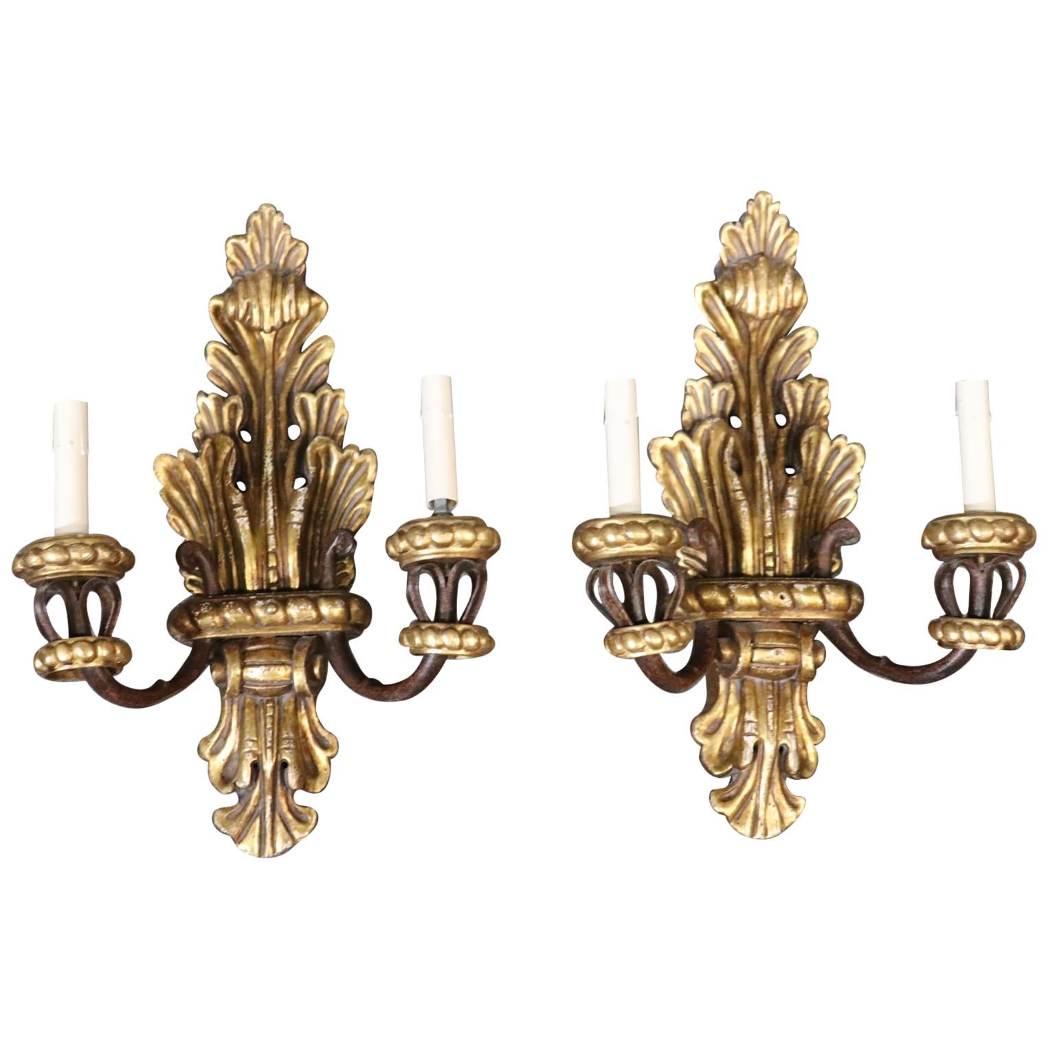 Pair of French Louis XV Gilded Carved Wood Sconces For Sale