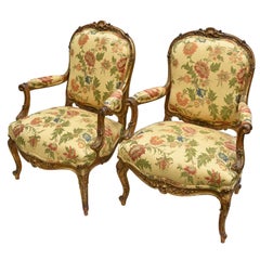 Pair of French Giltwood Armchairs/Fauteuil à la Reine by François Linke